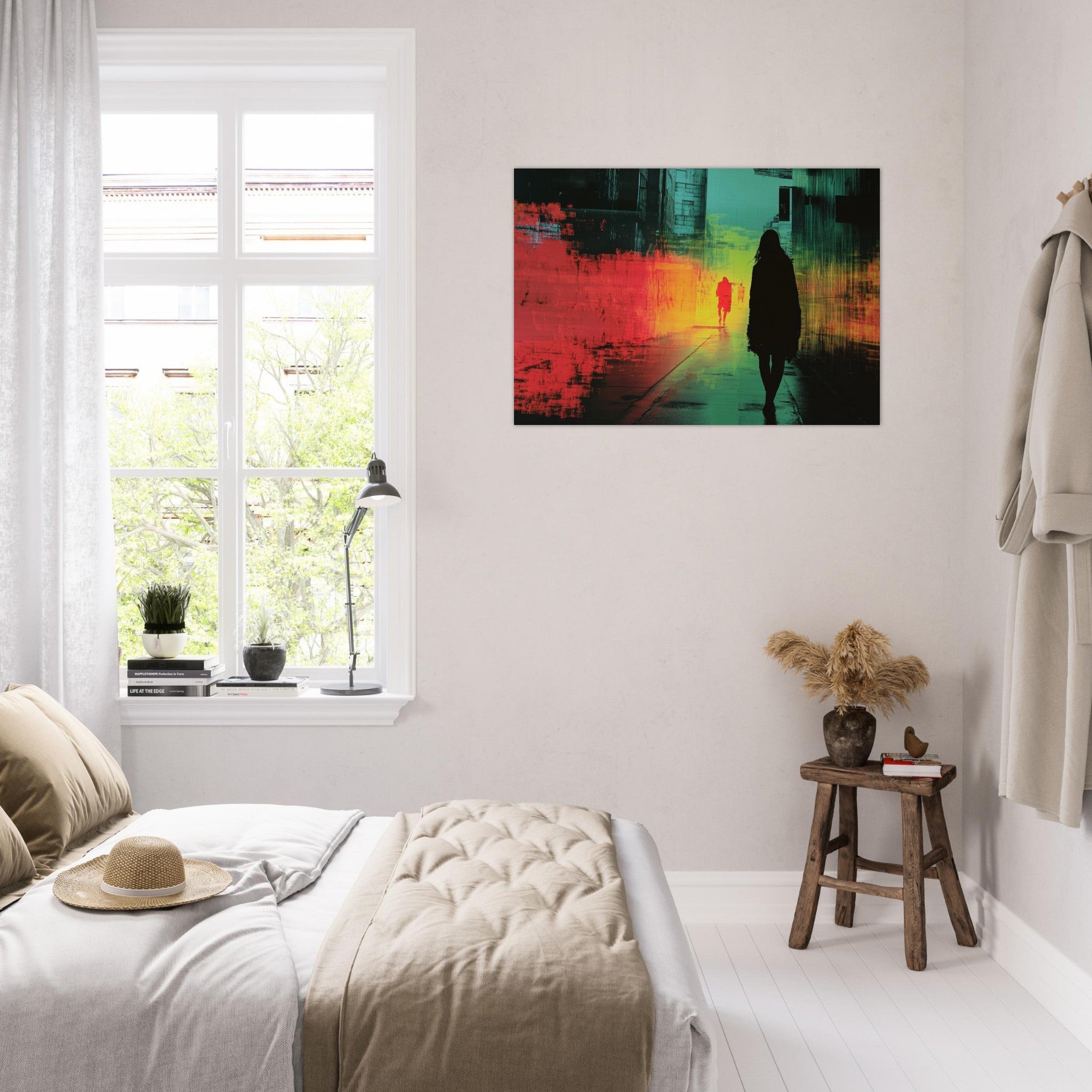 Aluminum Print Landscape - A city where neon lights create impossible rifle 2 - Shop Ai Art WebShop - Digital Art online Store