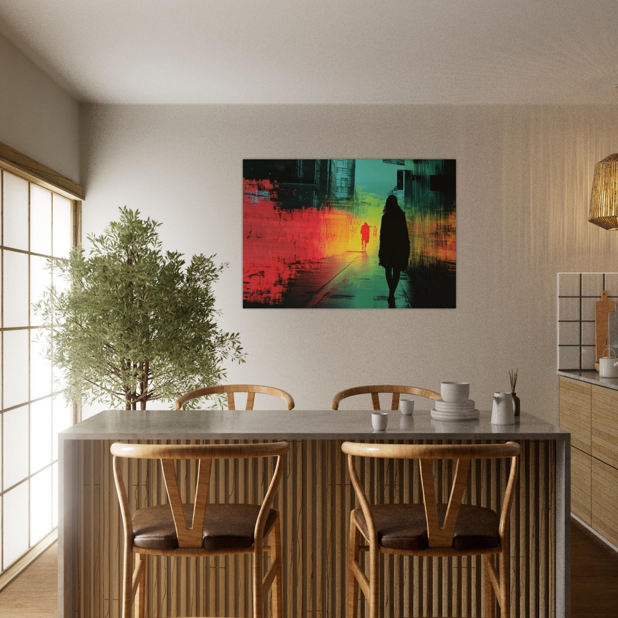 Aluminum Print Landscape - A city where neon lights create impossible rifle 2 - Shop Ai Art WebShop - Digital Art online Store