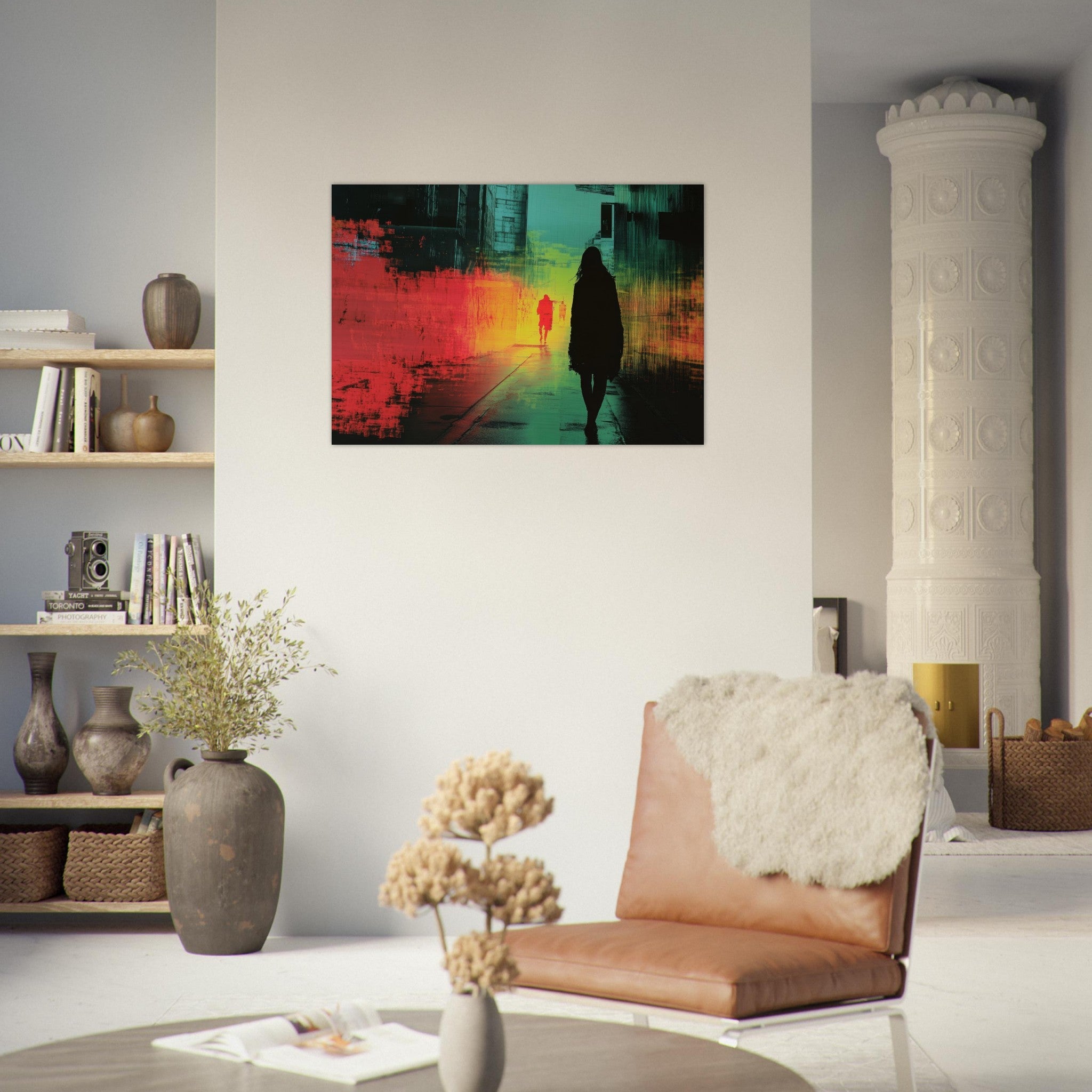 Aluminum Print Landscape - A city where neon lights create impossible rifle 2 - Shop Ai Art WebShop - Digital Art online Store