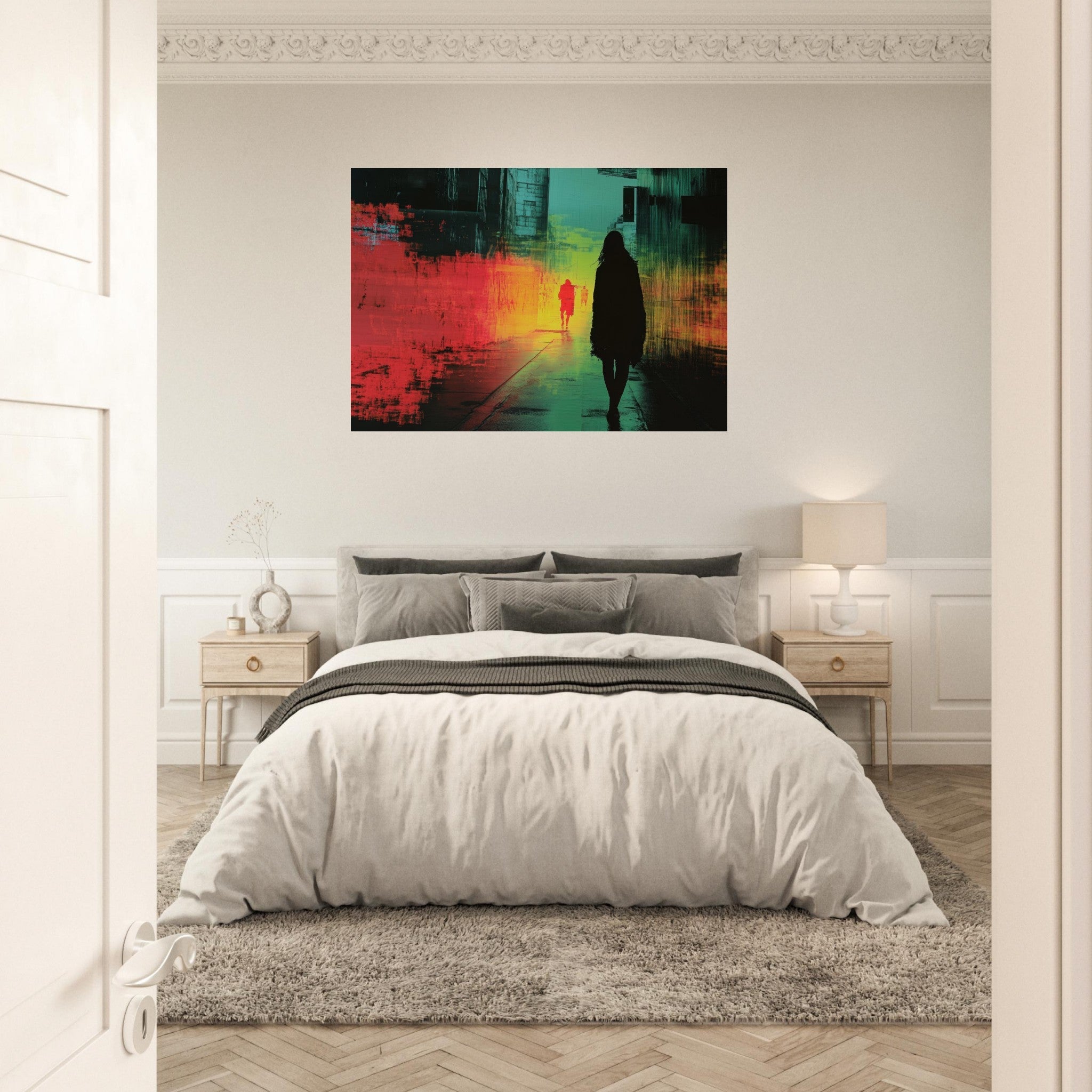 Aluminum Print Landscape - A city where neon lights create impossible rifle 2 - Shop Ai Art WebShop - Digital Art online Store