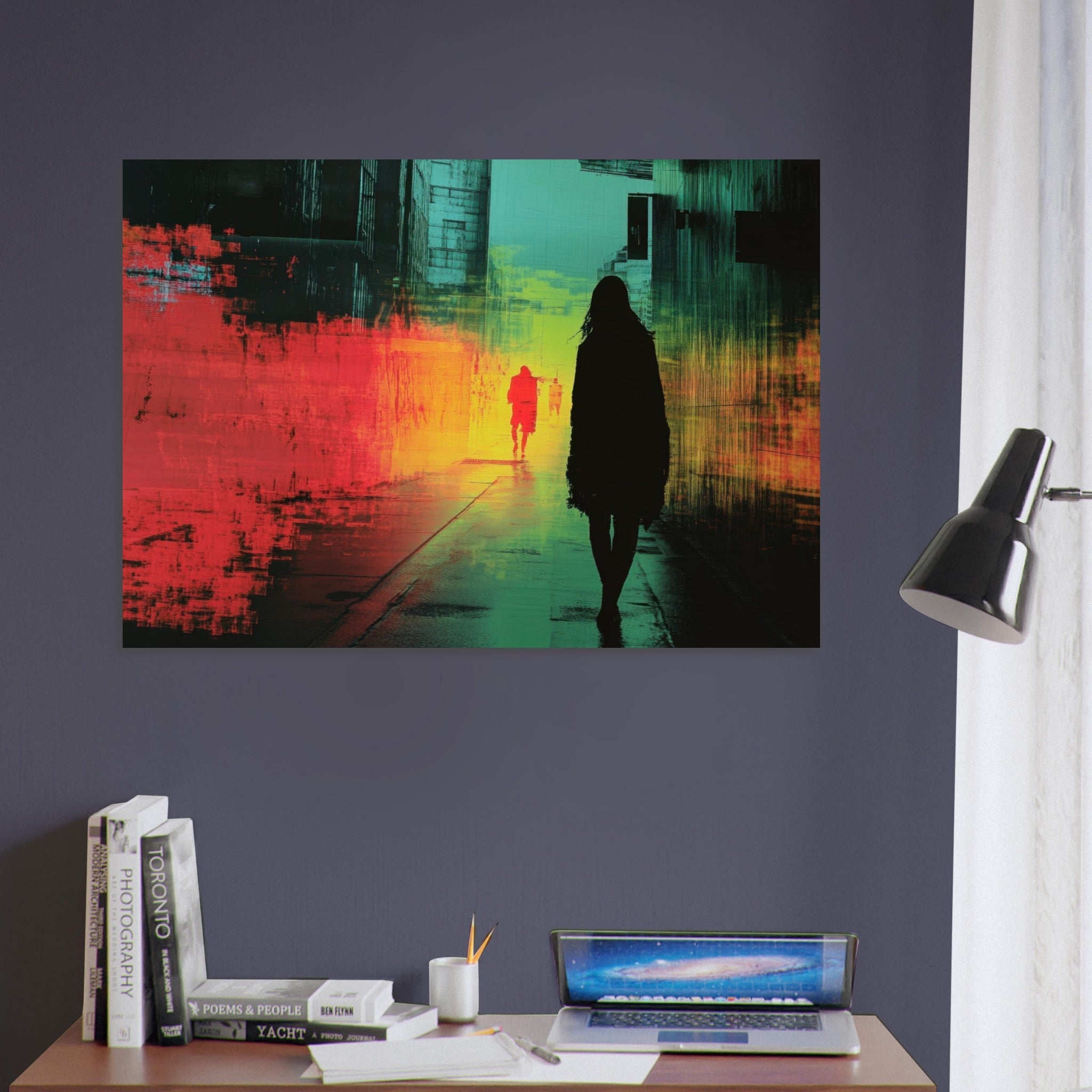 Aluminum Print Landscape - A city where neon lights create impossible rifle 2 - Shop Ai Art WebShop - Digital Art online Store