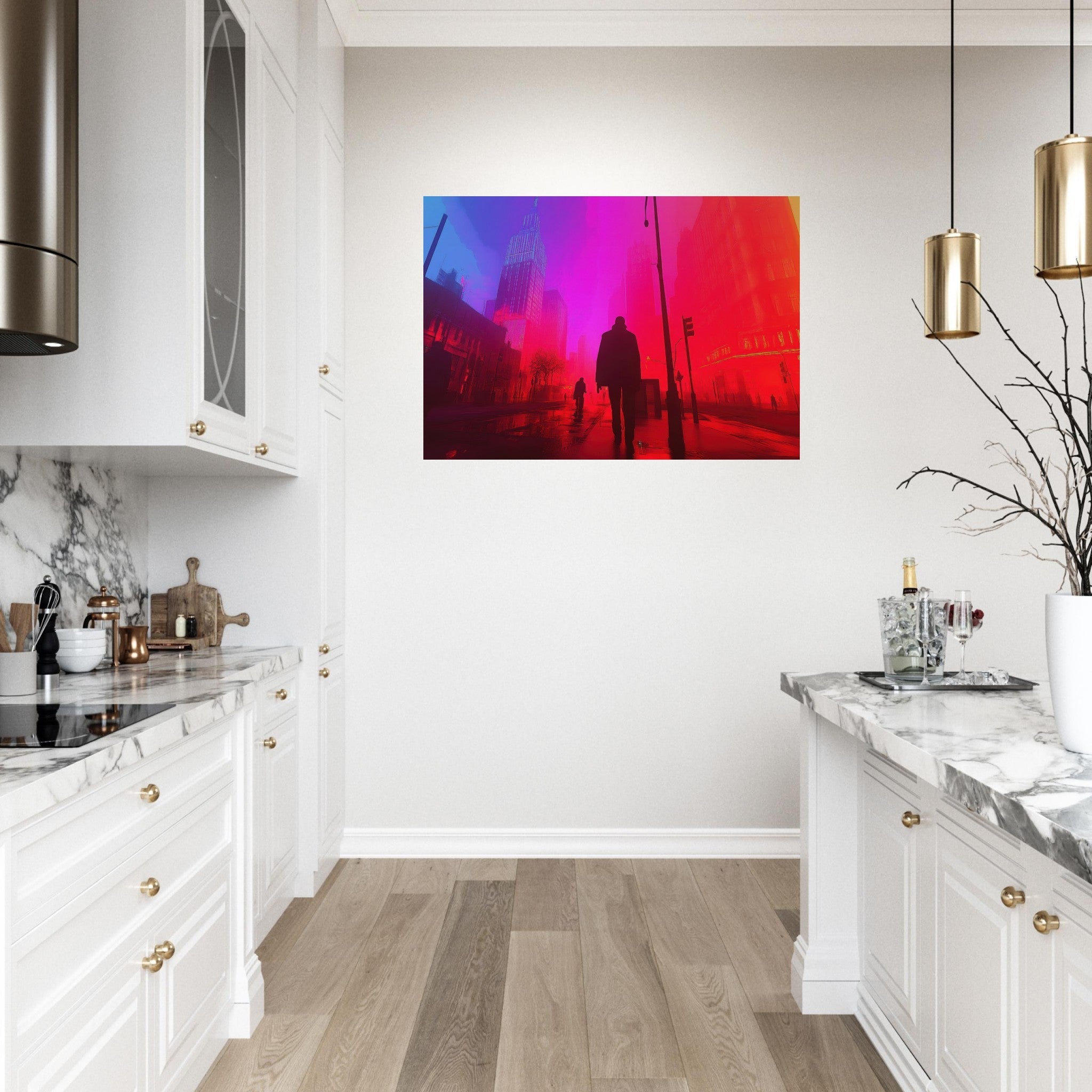 Aluminum Print Landscape - A city where neon lights create impossible rifle - Shop Ai Art WebShop - Digital Art online Store