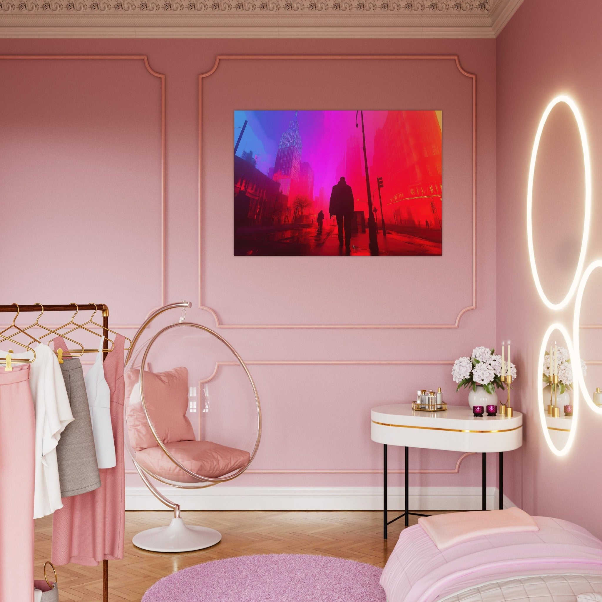 Aluminum Print Landscape - A city where neon lights create impossible rifle - Shop Ai Art WebShop - Digital Art online Store