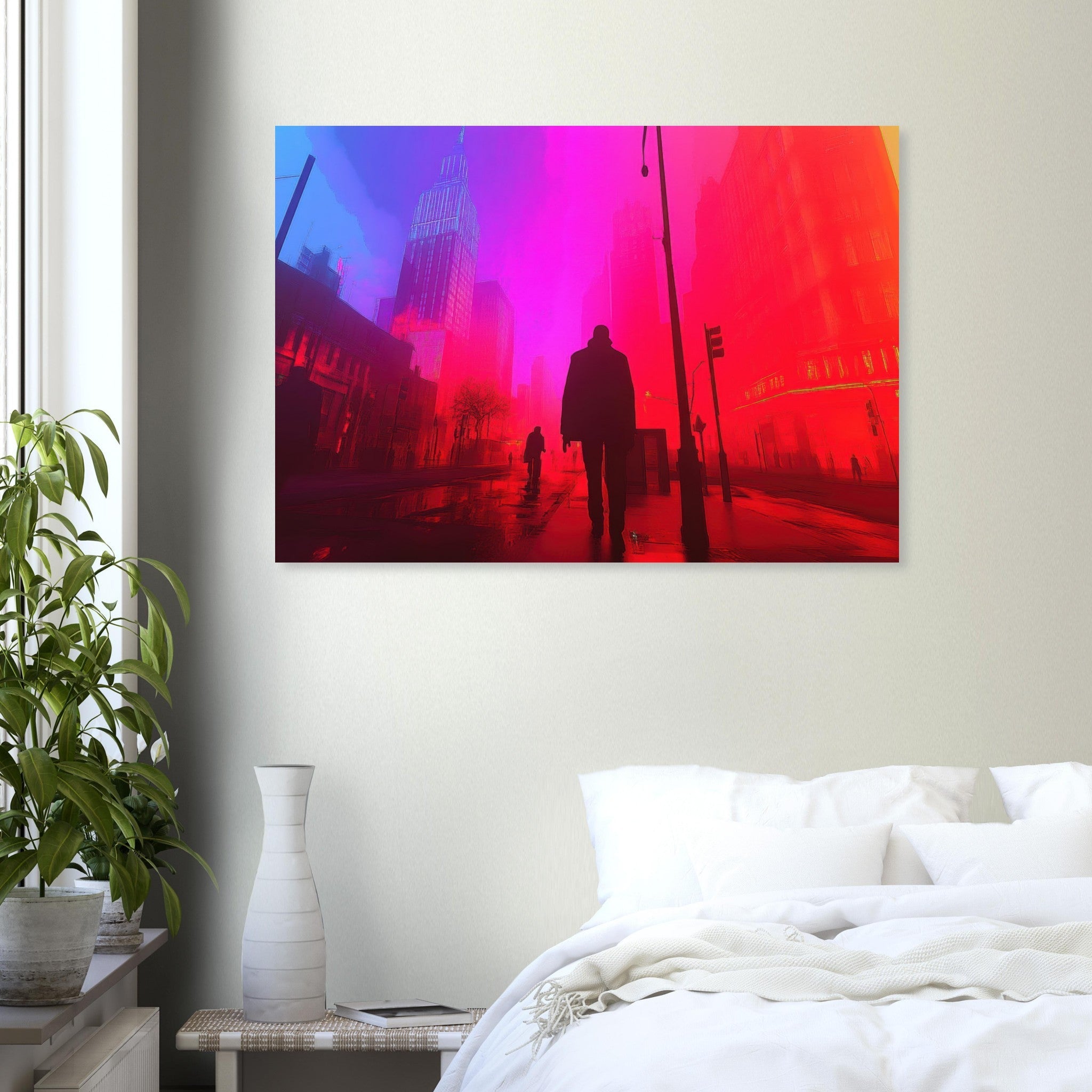 Aluminum Print Landscape - A city where neon lights create impossible rifle - Shop Ai Art WebShop - Digital Art online Store