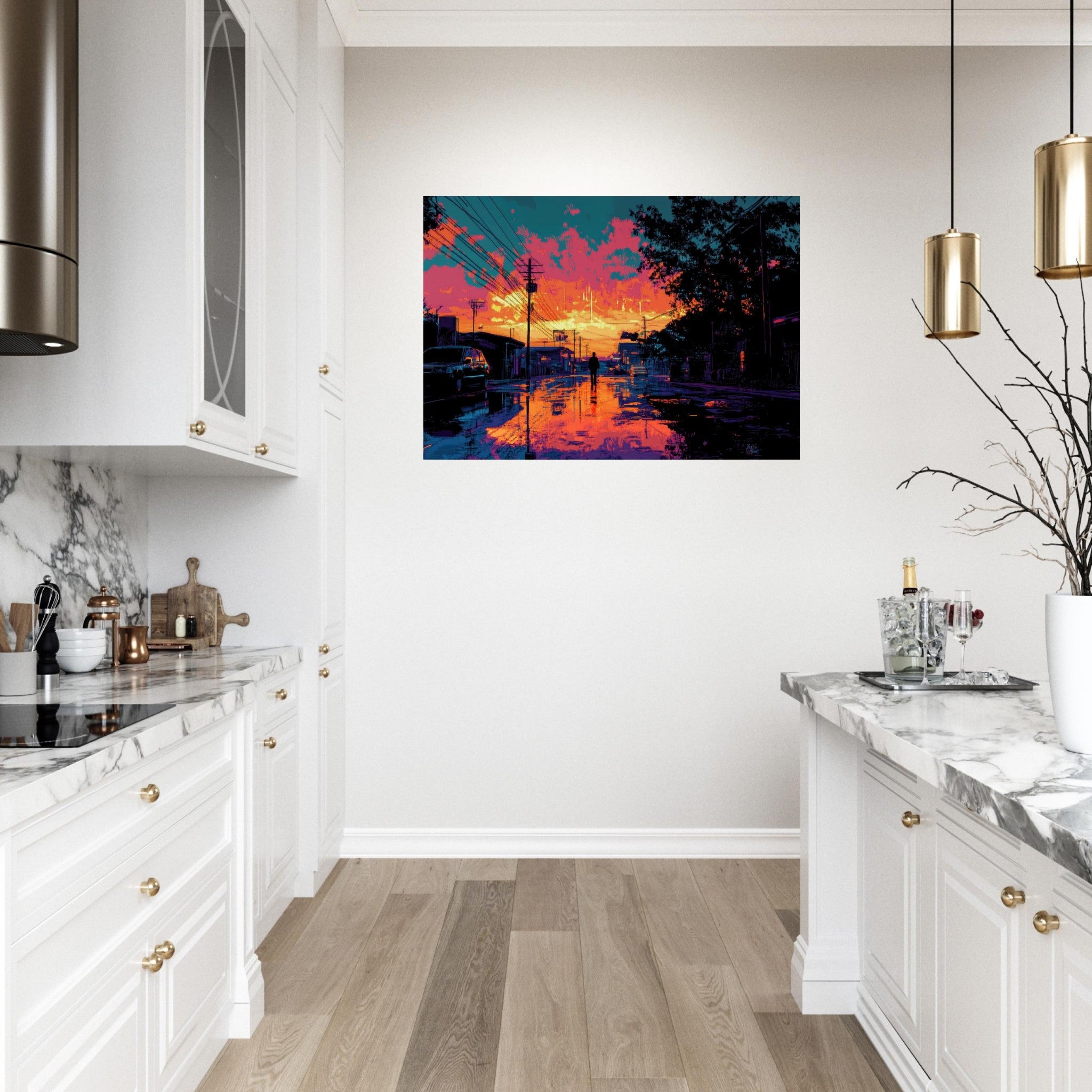 Aluminum Print Landscape - A city where neon lights create impossible rifle 3 - Shop Ai Art WebShop - Digital Art online Store