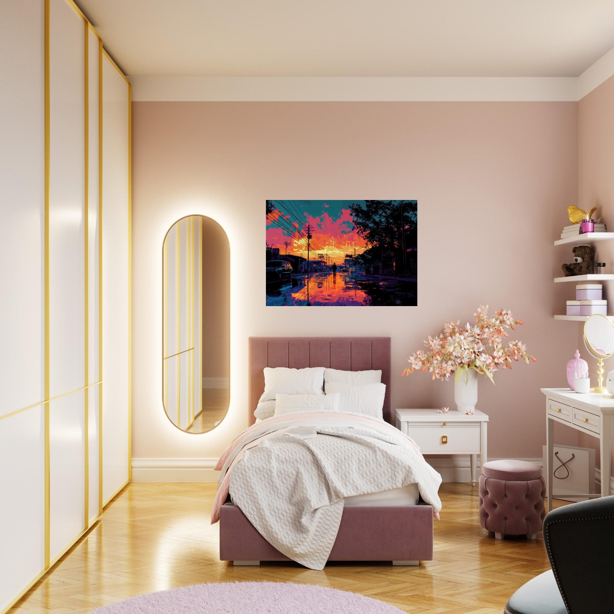 Aluminum Print Landscape - A city where neon lights create impossible rifle 3 - Shop Ai Art WebShop - Digital Art online Store
