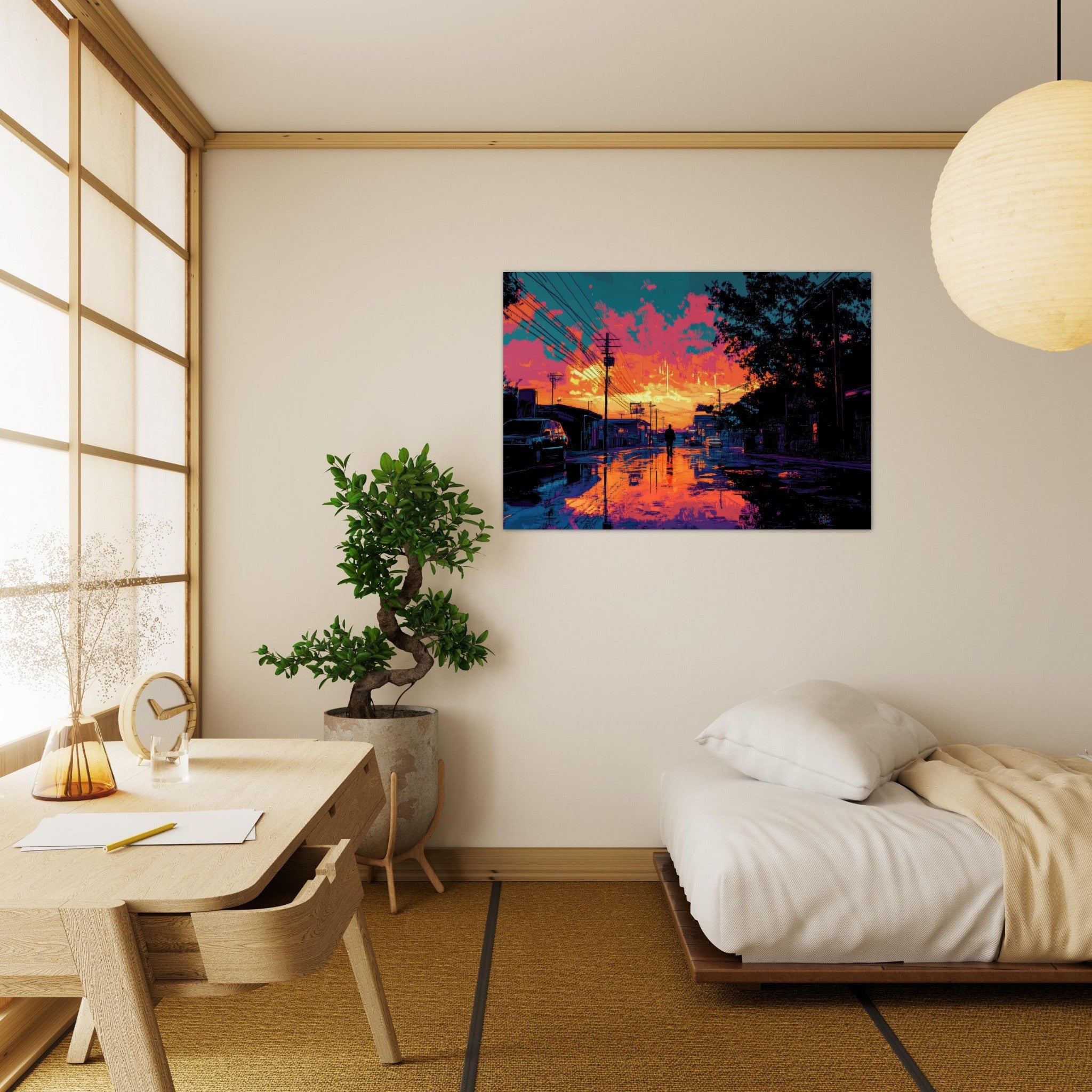 Aluminum Print Landscape - A city where neon lights create impossible rifle 3 - Shop Ai Art WebShop - Digital Art online Store