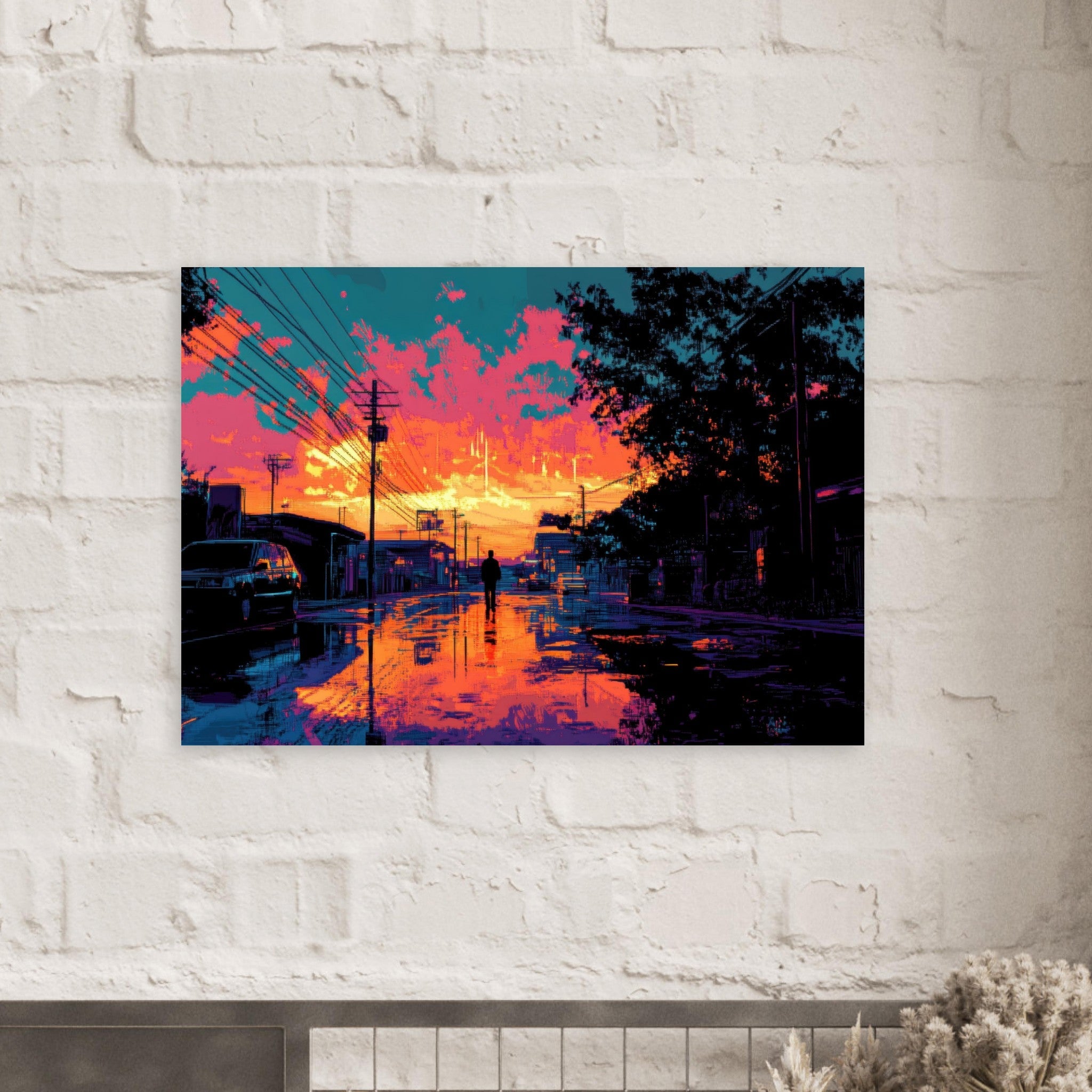 Aluminum Print Landscape - A city where neon lights create impossible rifle 3 - Shop Ai Art WebShop - Digital Art online Store