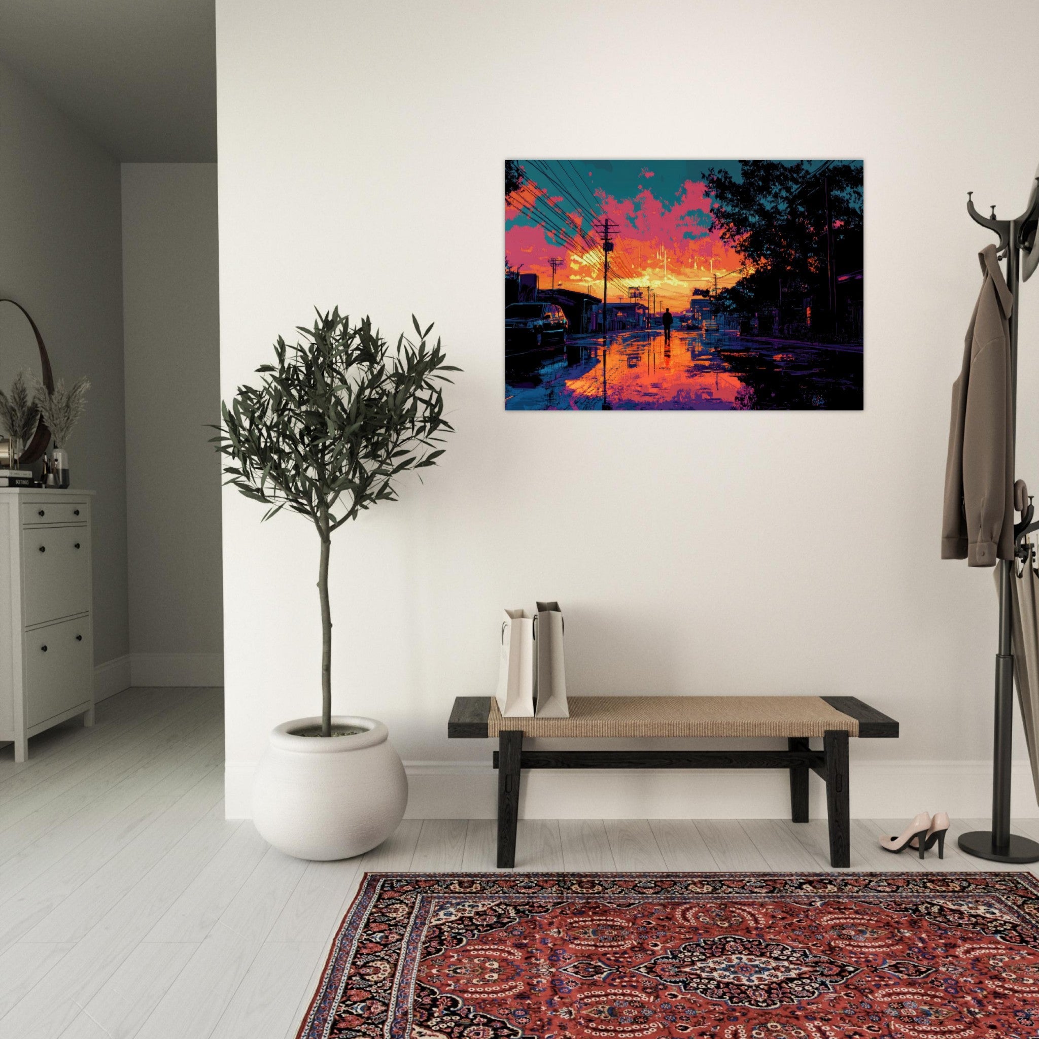 Aluminum Print Landscape - A city where neon lights create impossible rifle 3 - Shop Ai Art WebShop - Digital Art online Store
