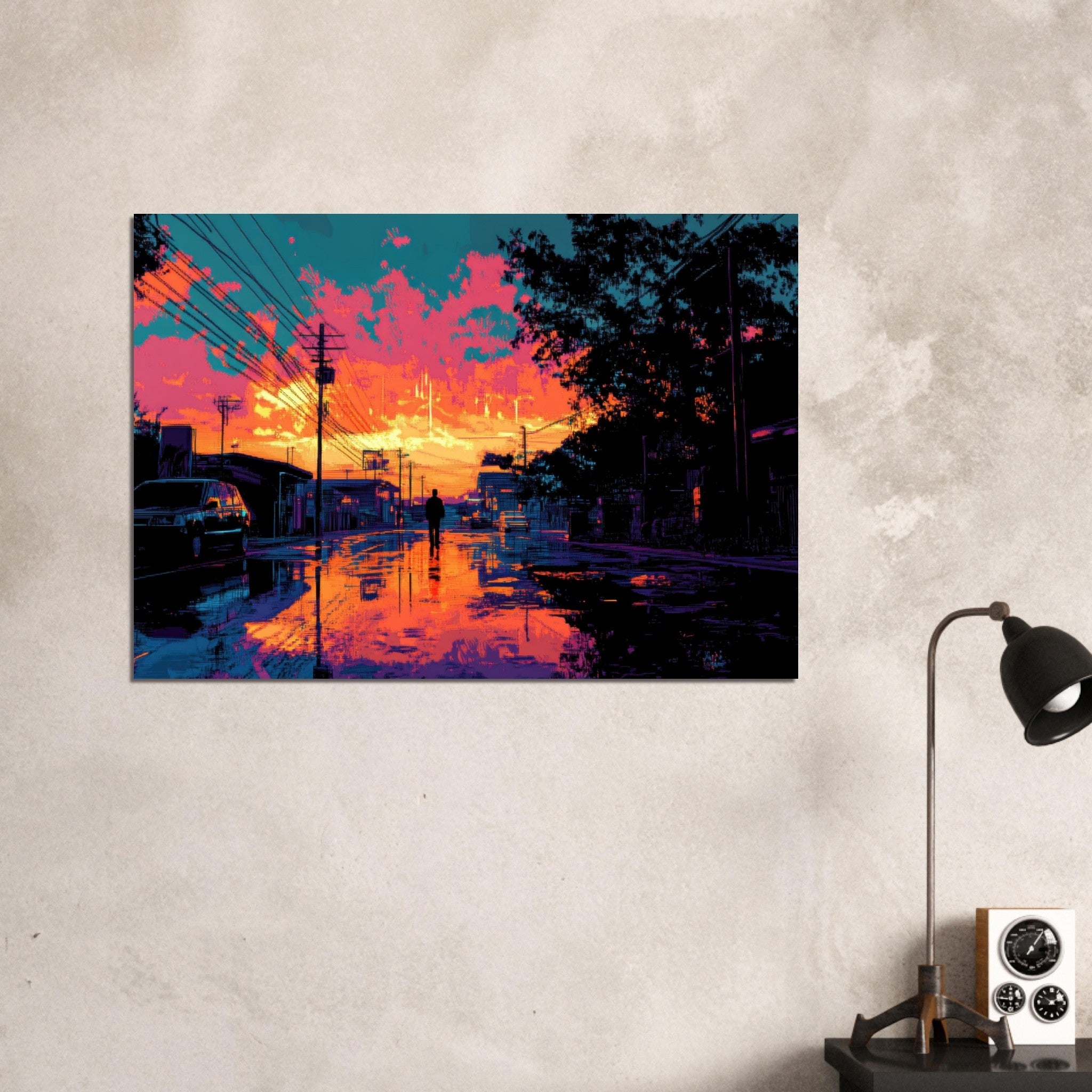 Aluminum Print Landscape - A city where neon lights create impossible rifle 3 - Shop Ai Art WebShop - Digital Art online Store