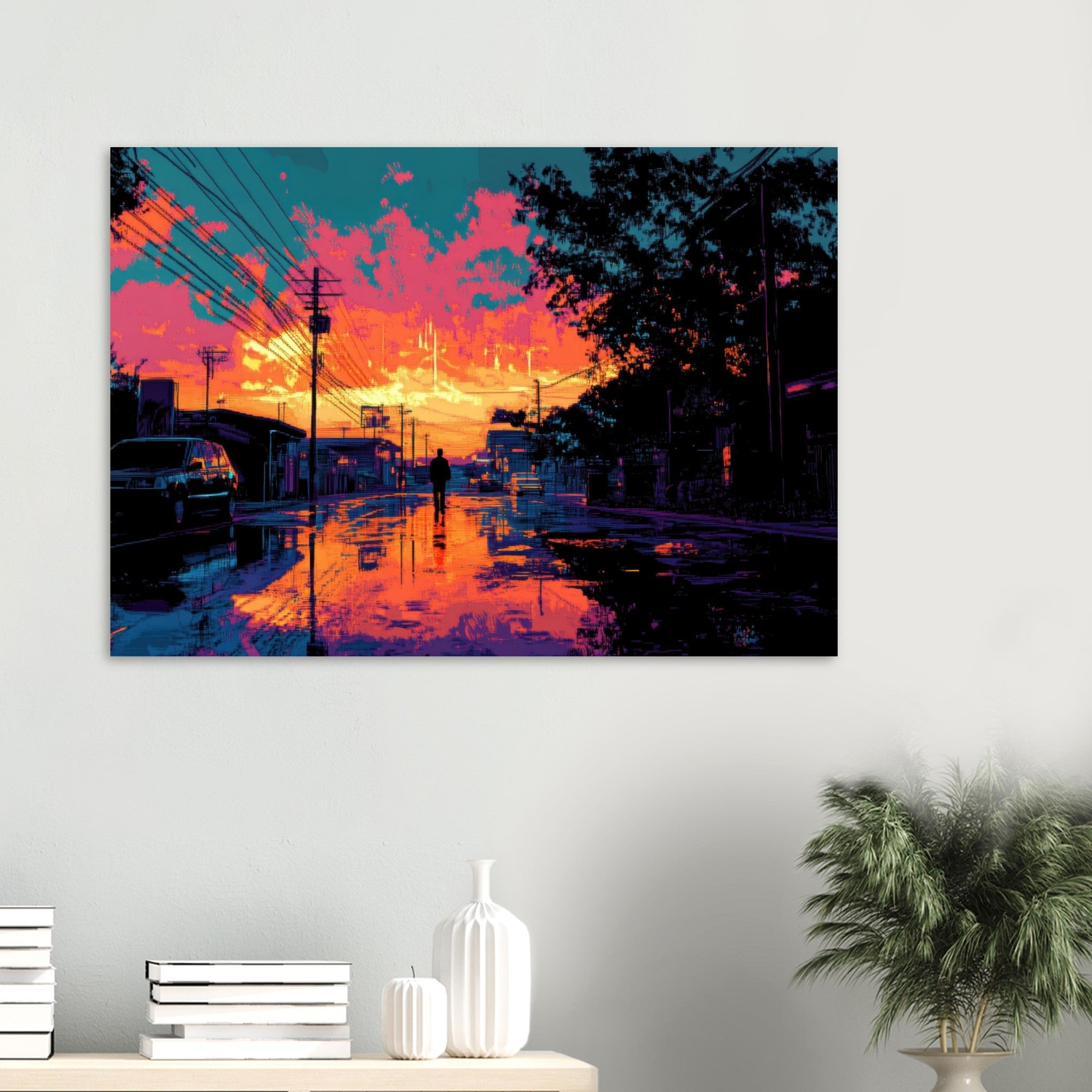 Aluminum Print Landscape - A city where neon lights create impossible rifle 3 - Shop Ai Art WebShop - Digital Art online Store