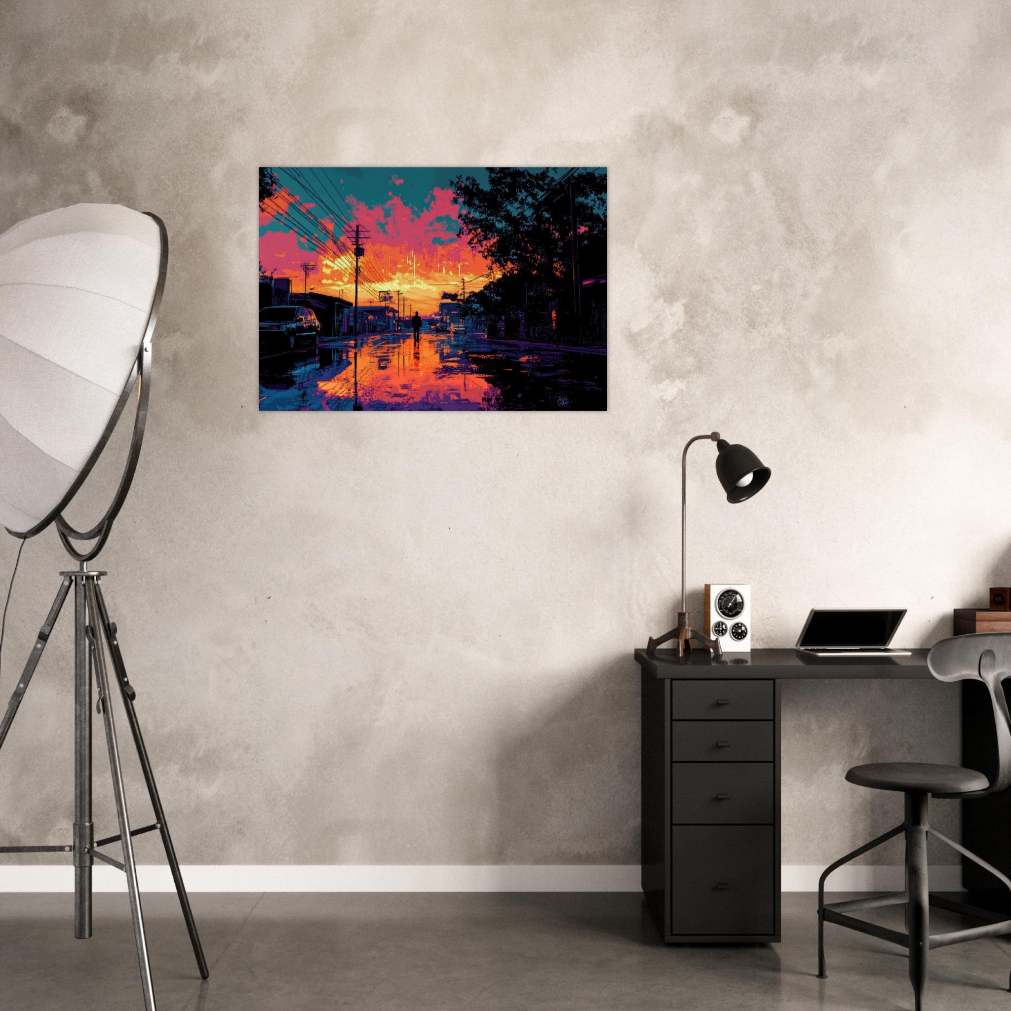 Aluminum Print Landscape - A city where neon lights create impossible rifle 3 - Shop Ai Art WebShop - Digital Art online Store
