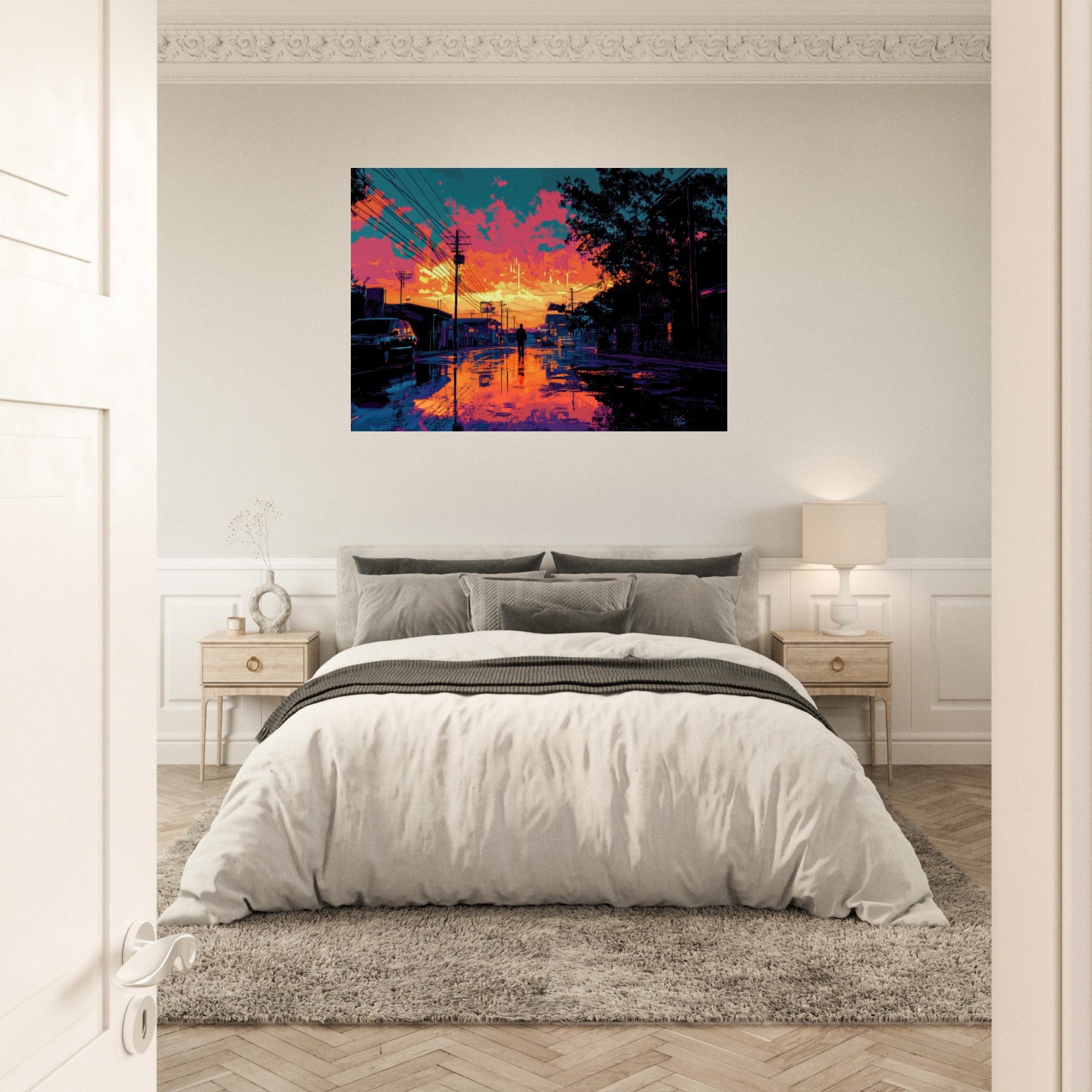 Aluminum Print Landscape - A city where neon lights create impossible rifle 3 - Shop Ai Art WebShop - Digital Art online Store