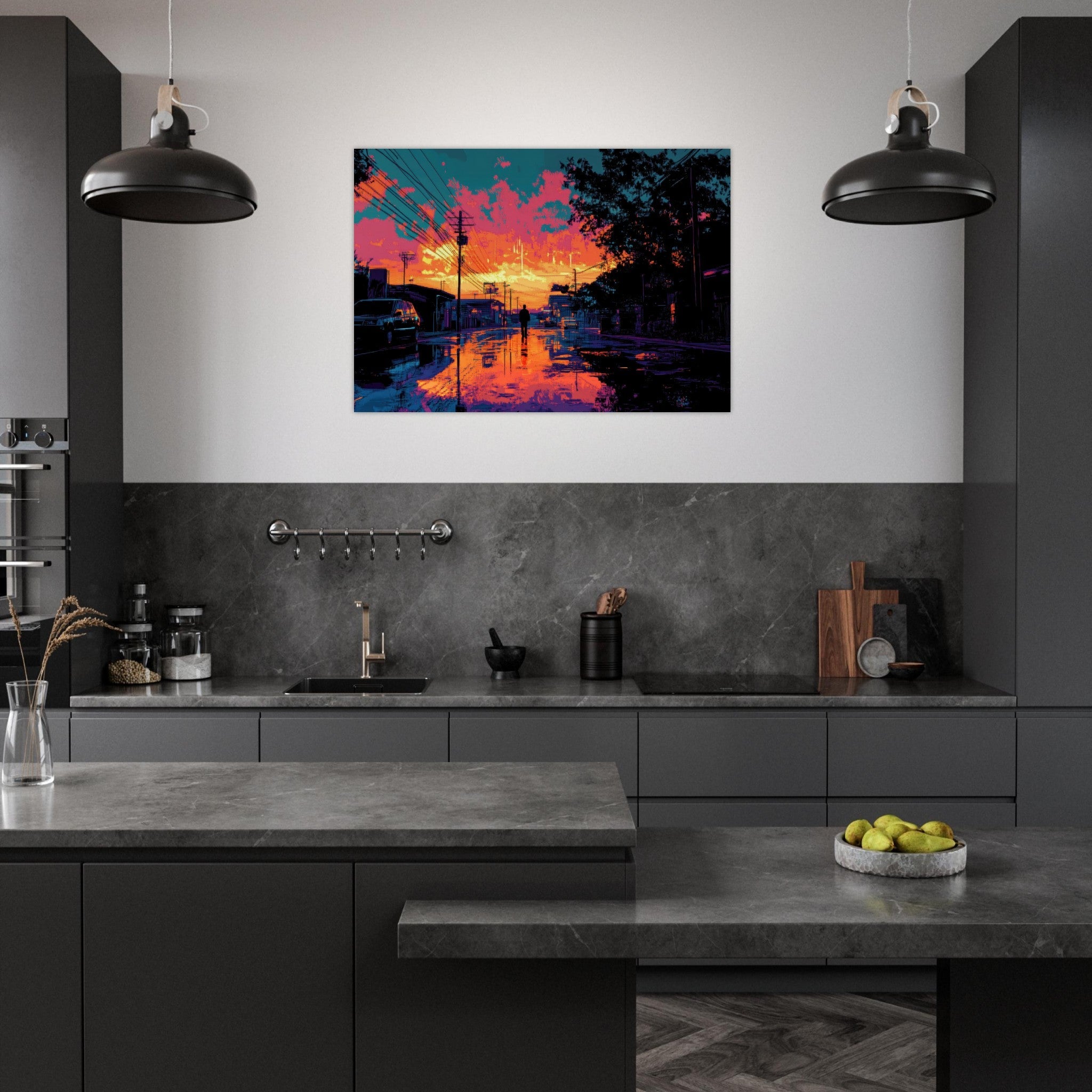 Aluminum Print Landscape - A city where neon lights create impossible rifle 3 - Shop Ai Art WebShop - Digital Art online Store