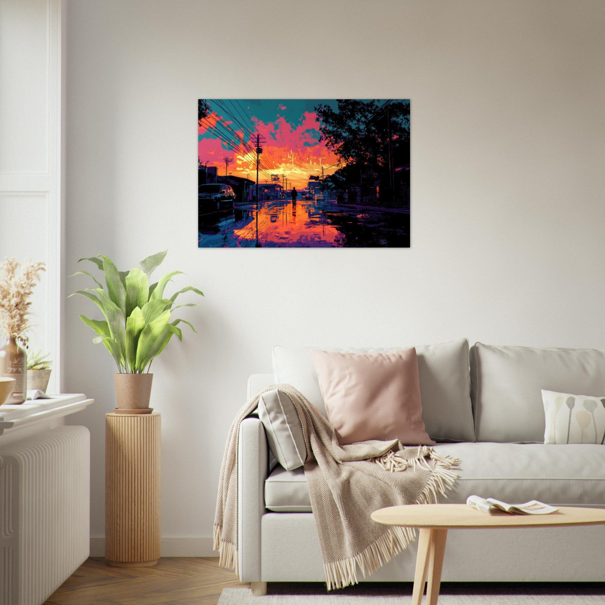 Aluminum Print Landscape - A city where neon lights create impossible rifle 3 - Shop Ai Art WebShop - Digital Art online Store