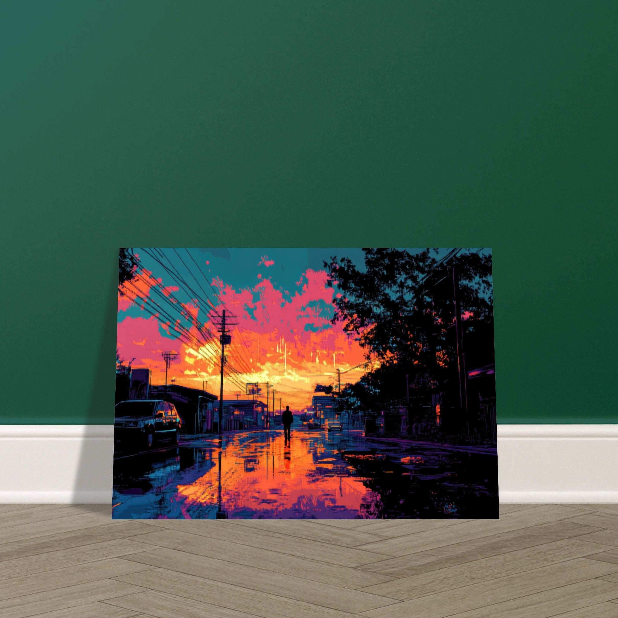 Aluminum Print Landscape - A city where neon lights create impossible rifle 3 - Shop Ai Art WebShop - Digital Art online Store