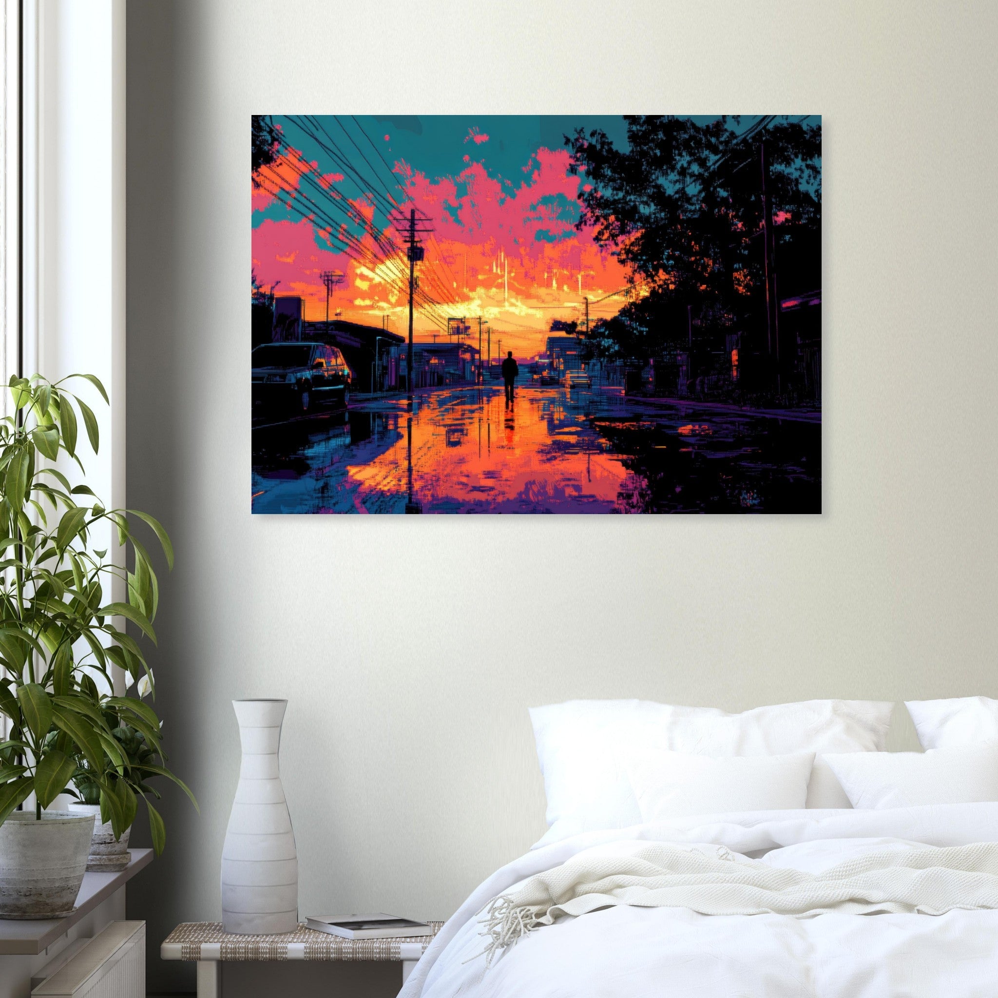Aluminum Print Landscape - A city where neon lights create impossible rifle 3 - Shop Ai Art WebShop - Digital Art online Store