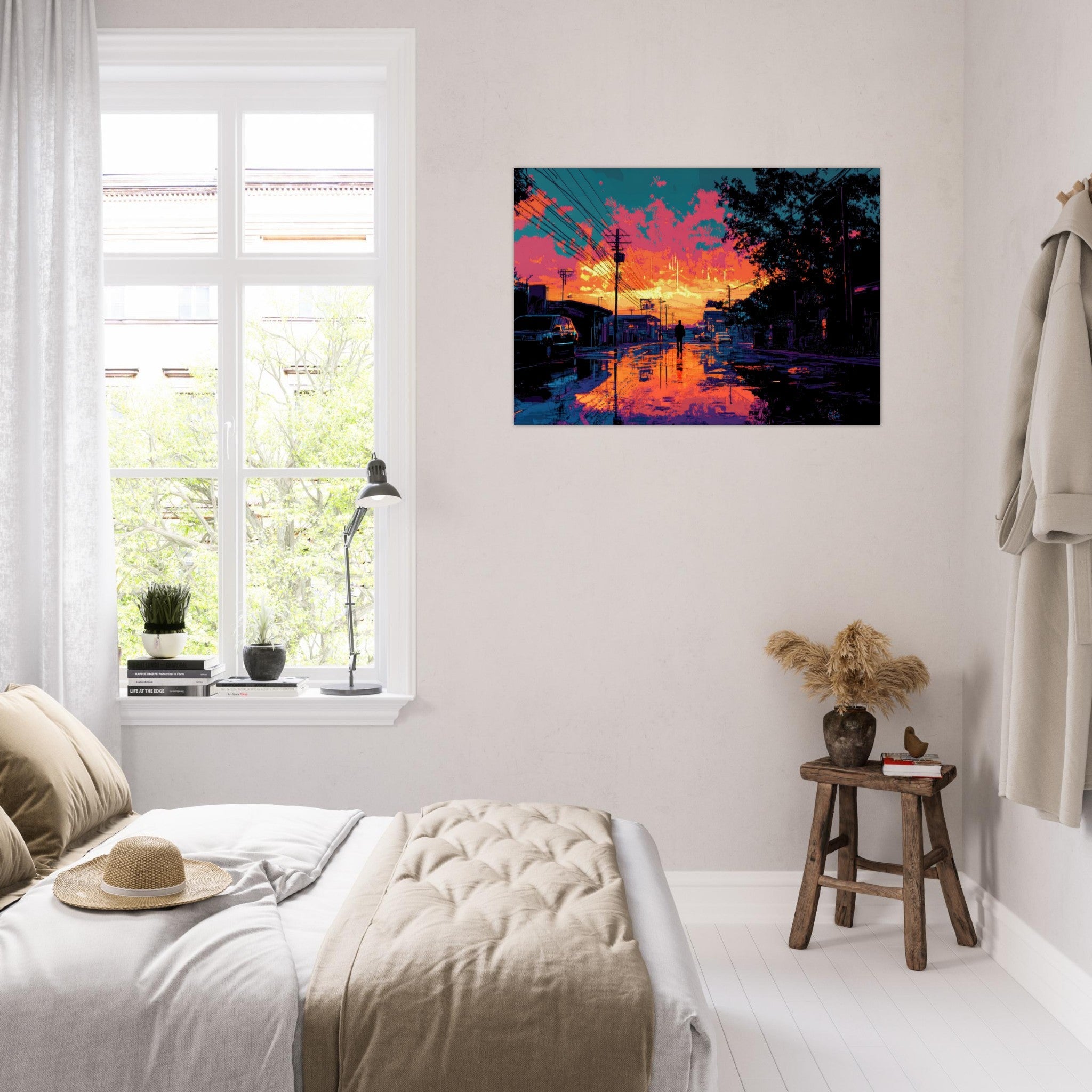 Aluminum Print Landscape - A city where neon lights create impossible rifle 3 - Shop Ai Art WebShop - Digital Art online Store