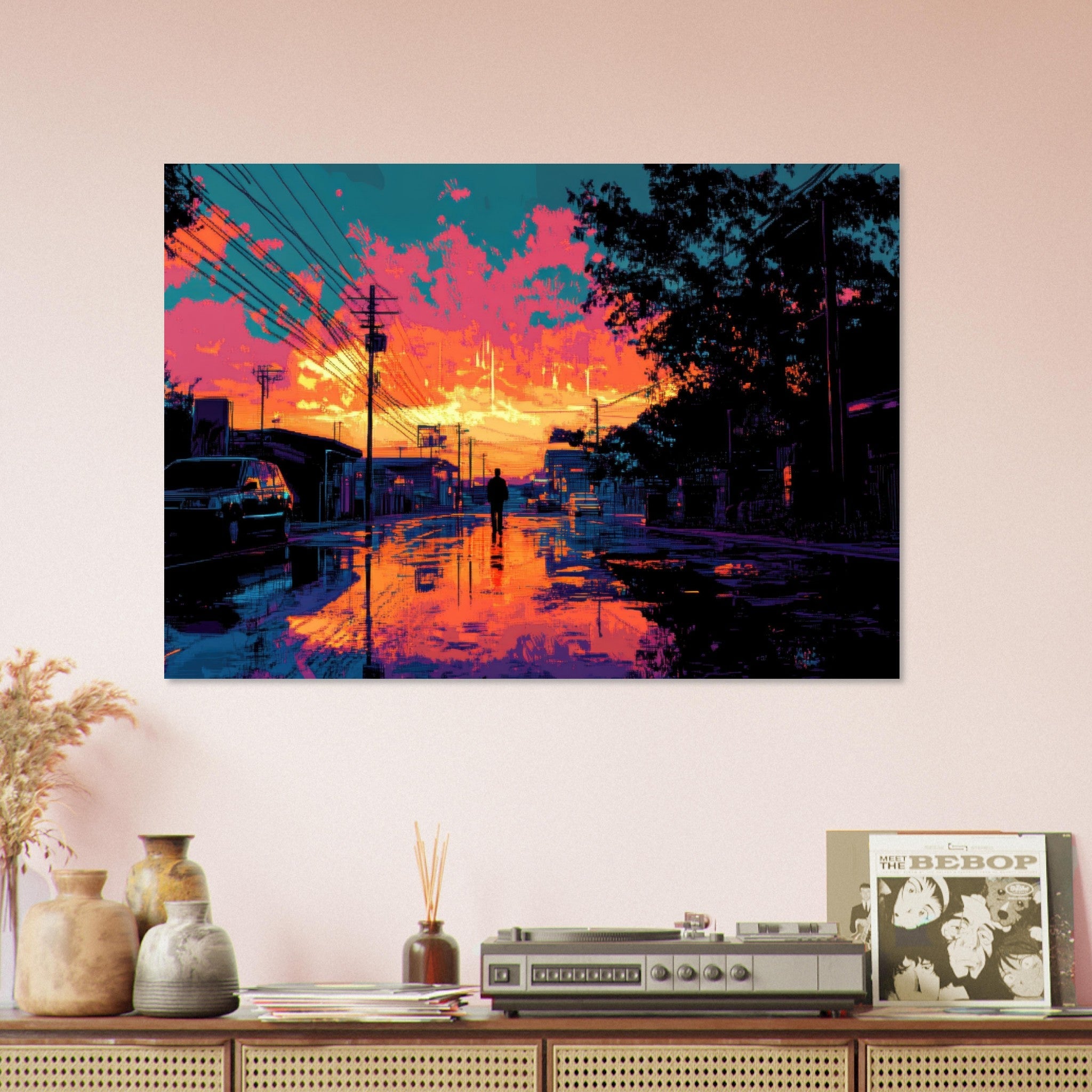 Aluminum Print Landscape - A city where neon lights create impossible rifle 3 - Shop Ai Art WebShop - Digital Art online Store