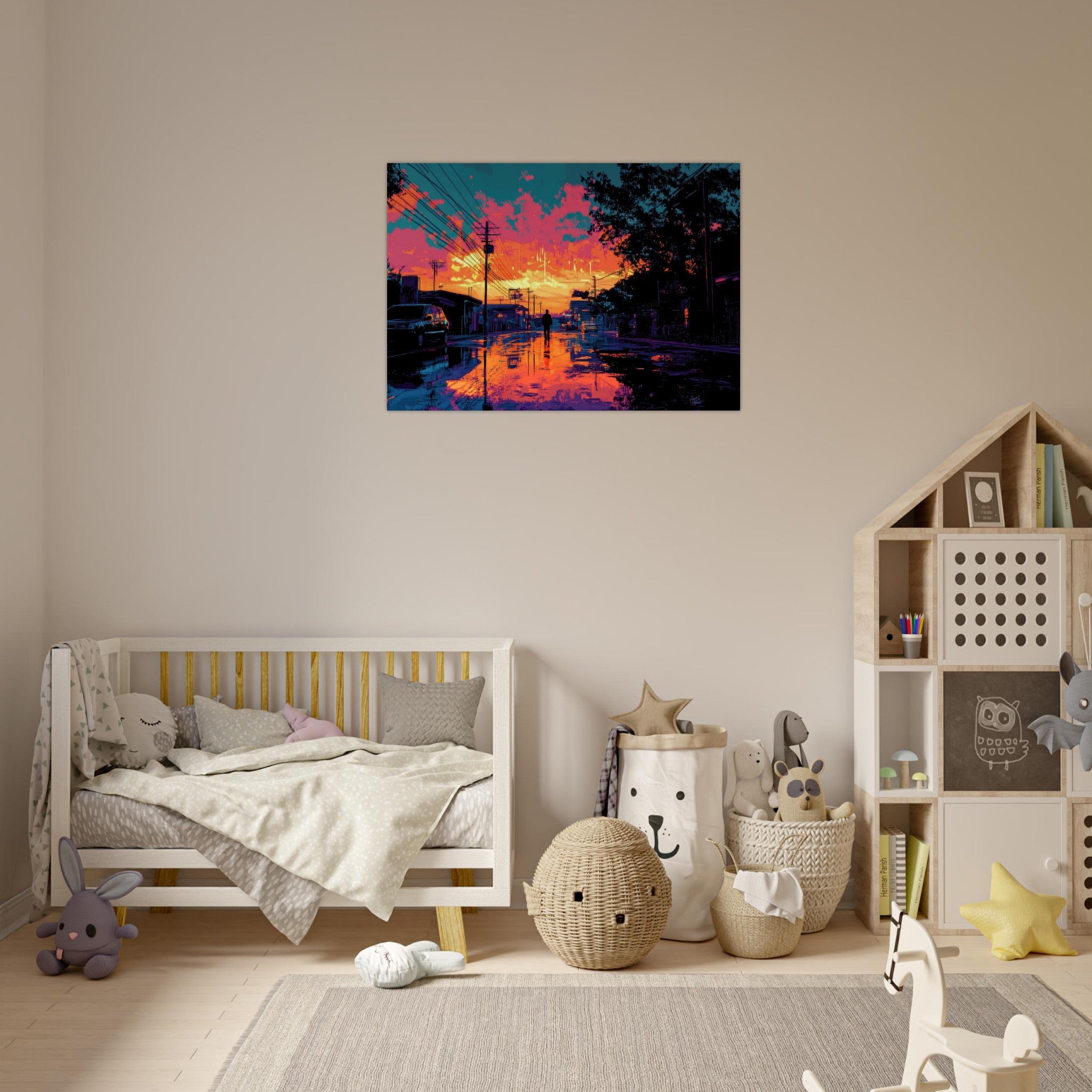 Aluminum Print Landscape - A city where neon lights create impossible rifle 3 - Shop Ai Art WebShop - Digital Art online Store