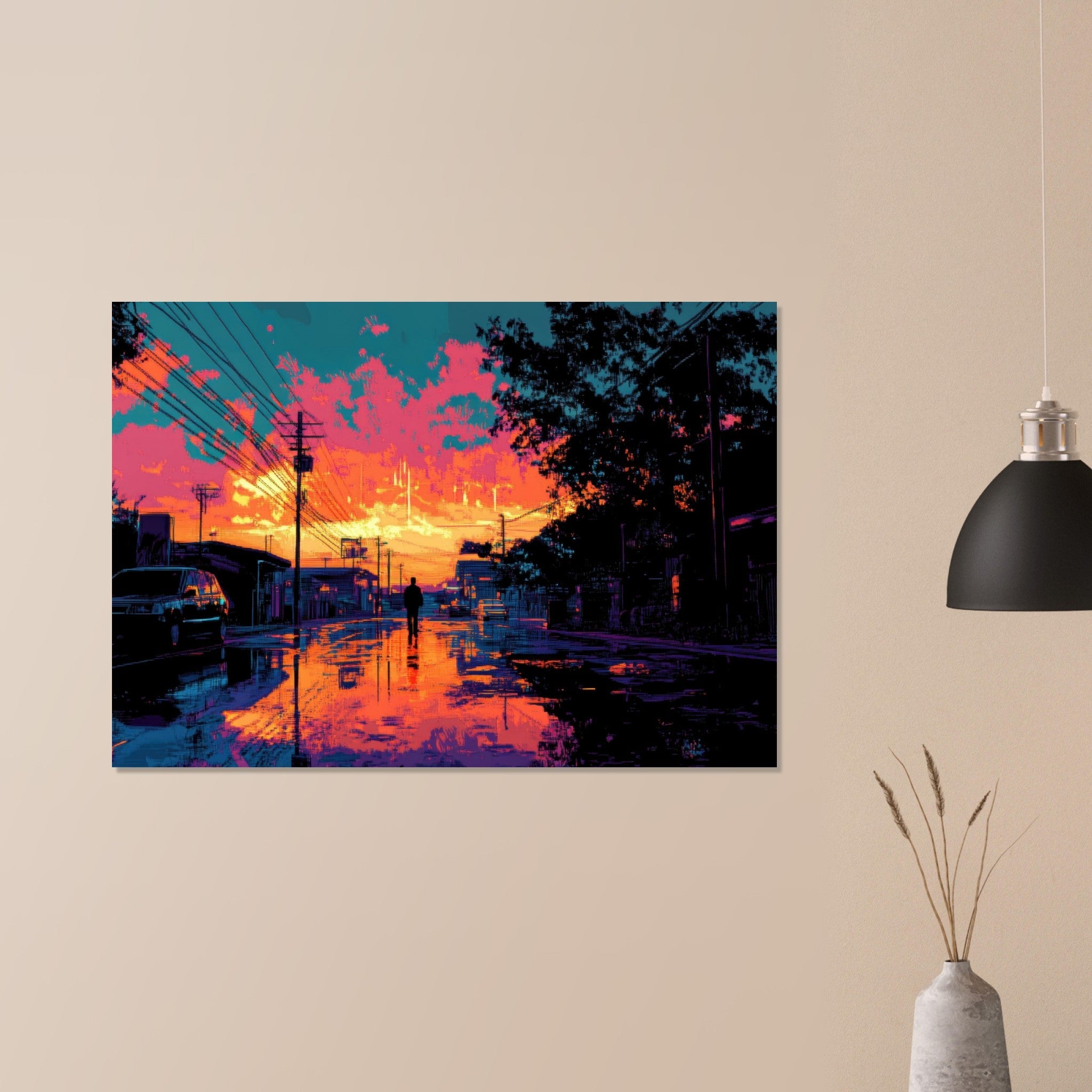 Aluminum Print Landscape - A city where neon lights create impossible rifle 3 - Shop Ai Art WebShop - Digital Art online Store