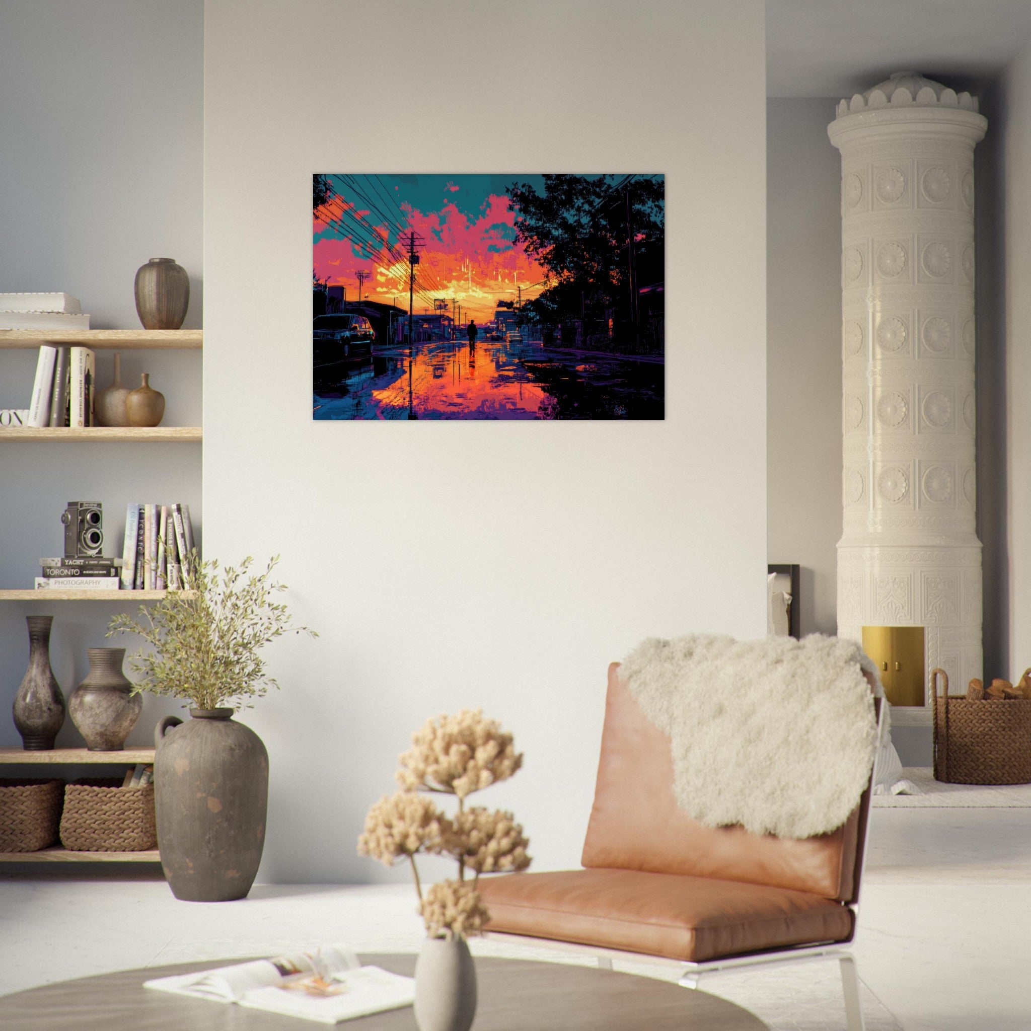 Aluminum Print Landscape - A city where neon lights create impossible rifle 3 - Shop Ai Art WebShop - Digital Art online Store