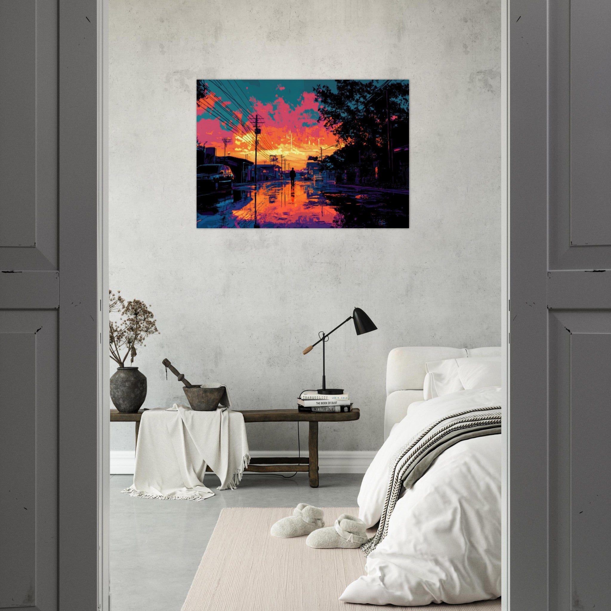 Aluminum Print Landscape - A city where neon lights create impossible rifle 3 - Shop Ai Art WebShop - Digital Art online Store