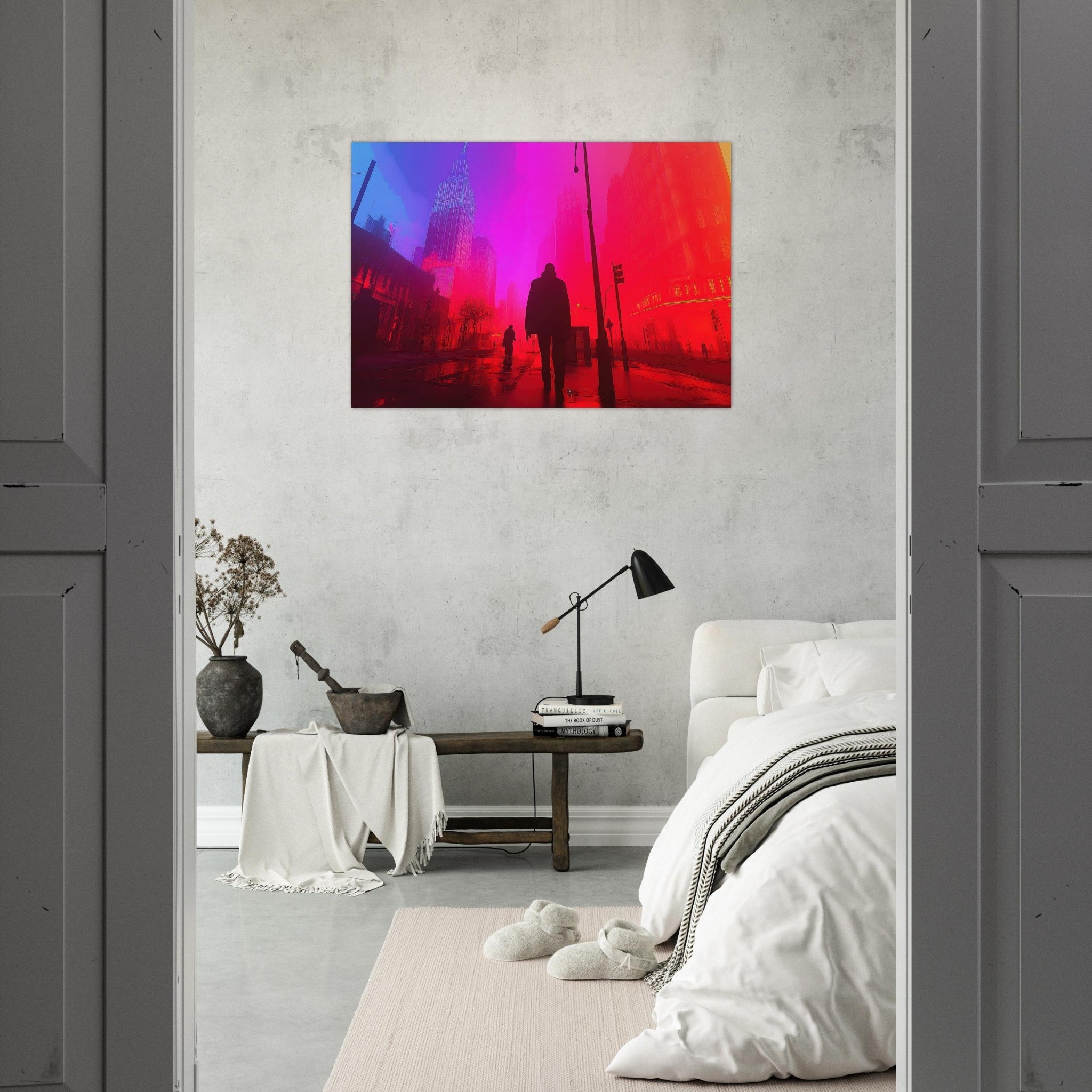 Aluminum Print Landscape - A city where neon lights create impossible rifle - Shop Ai Art WebShop - Digital Art online Store