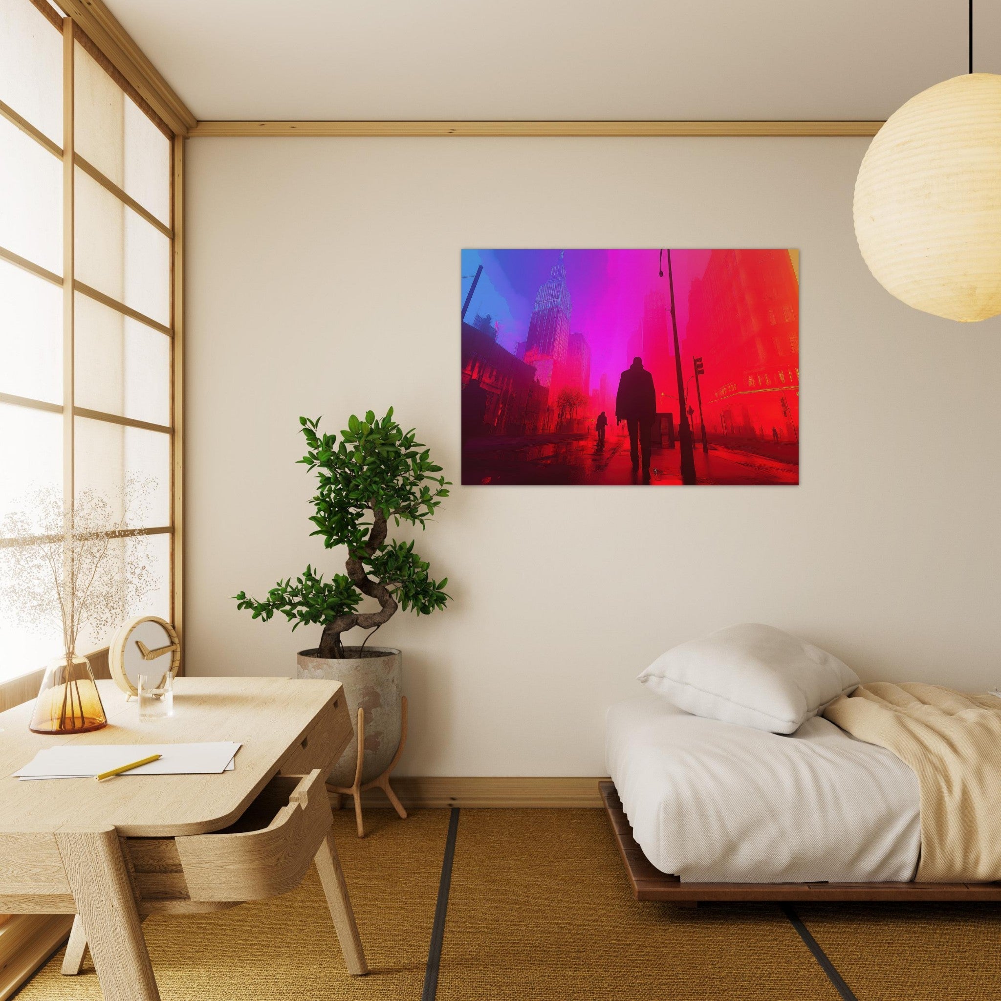 Aluminum Print Landscape - A city where neon lights create impossible rifle - Shop Ai Art WebShop - Digital Art online Store