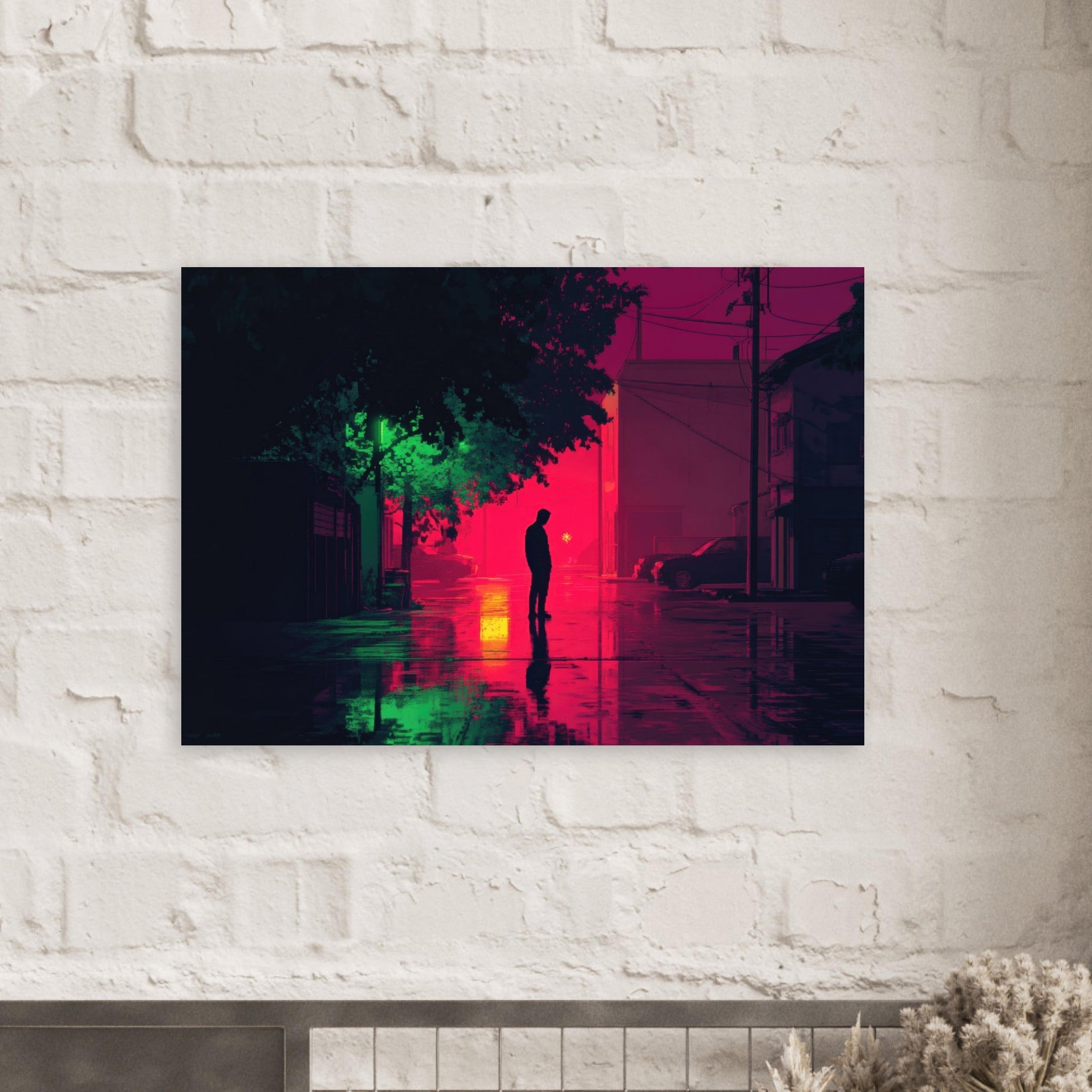Aluminum Print Landscape - A city where neon lights create impossible rifle 4 - Ai Art Force