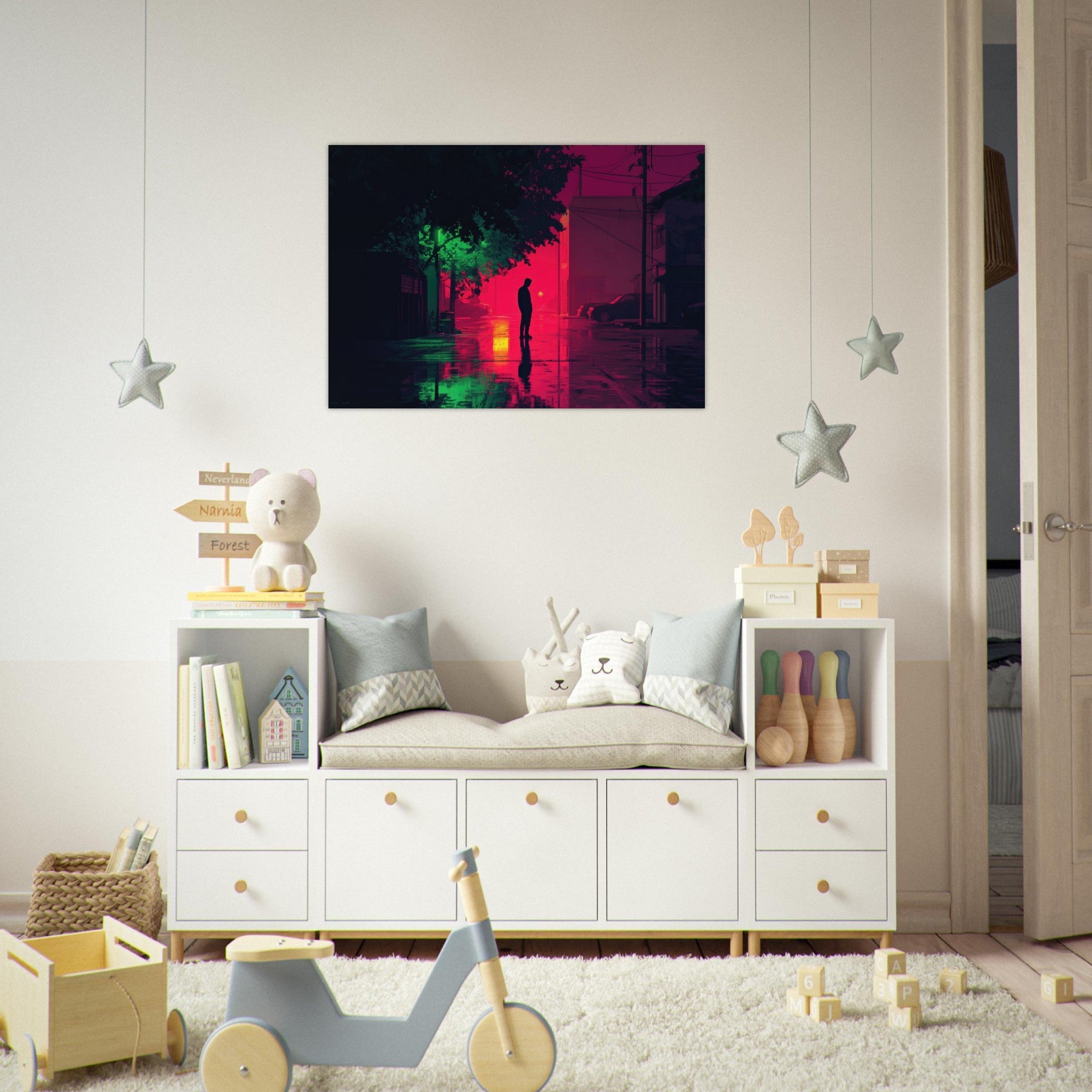 Aluminum Print Landscape - A city where neon lights create impossible rifle 4 - Ai Art Force