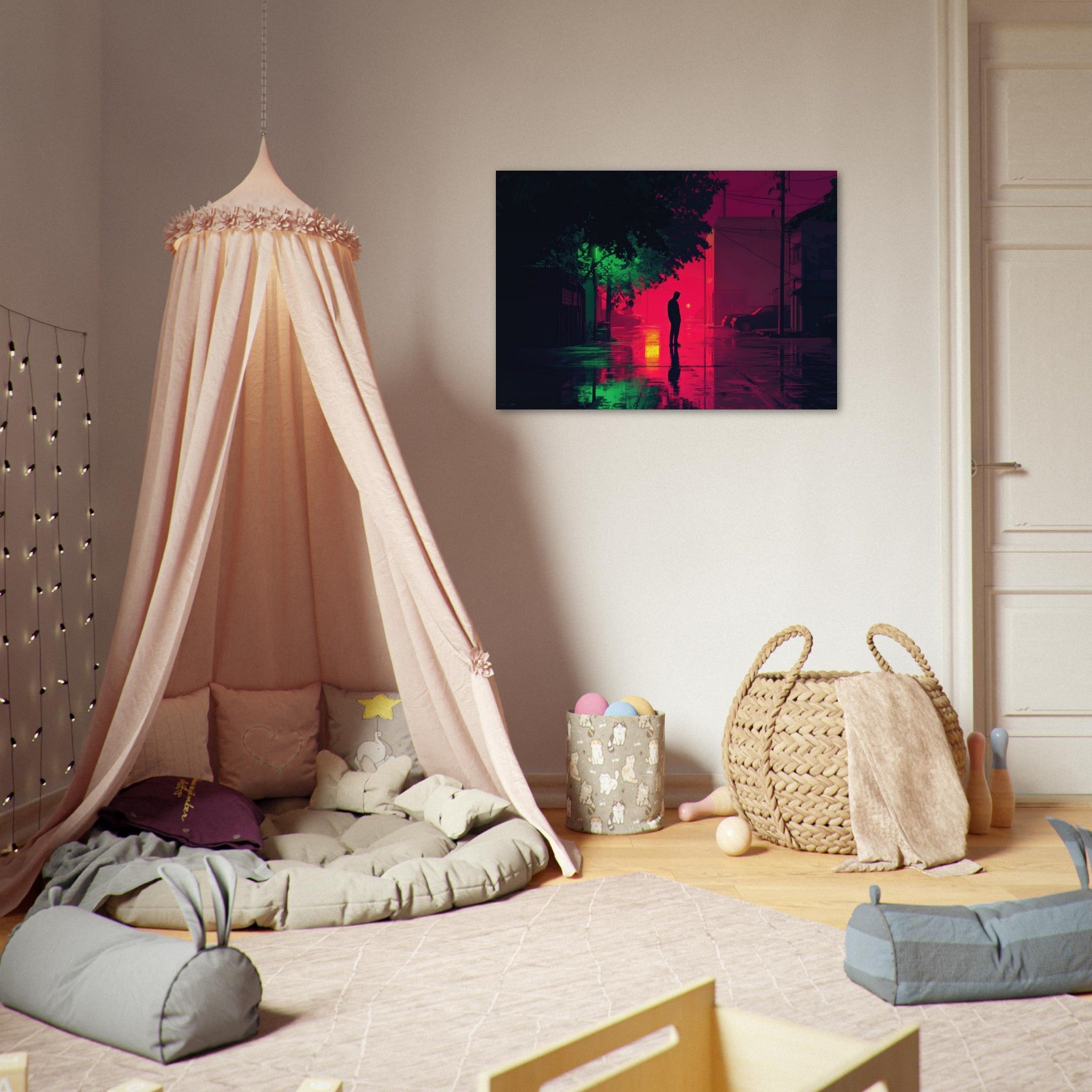 Aluminum Print Landscape - A city where neon lights create impossible rifle 4 - Ai Art Force