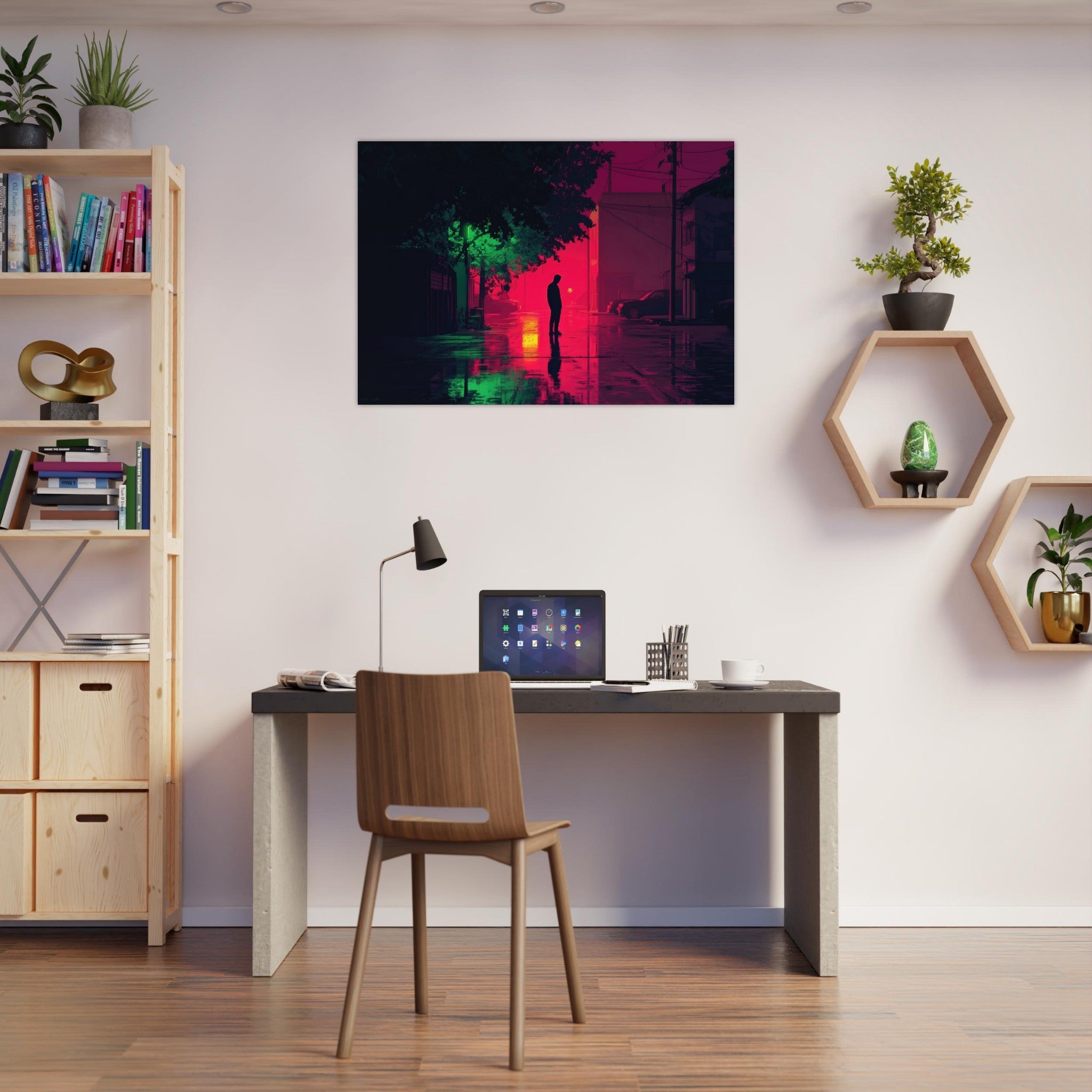 Aluminum Print Landscape - A city where neon lights create impossible rifle 4 - Ai Art Force