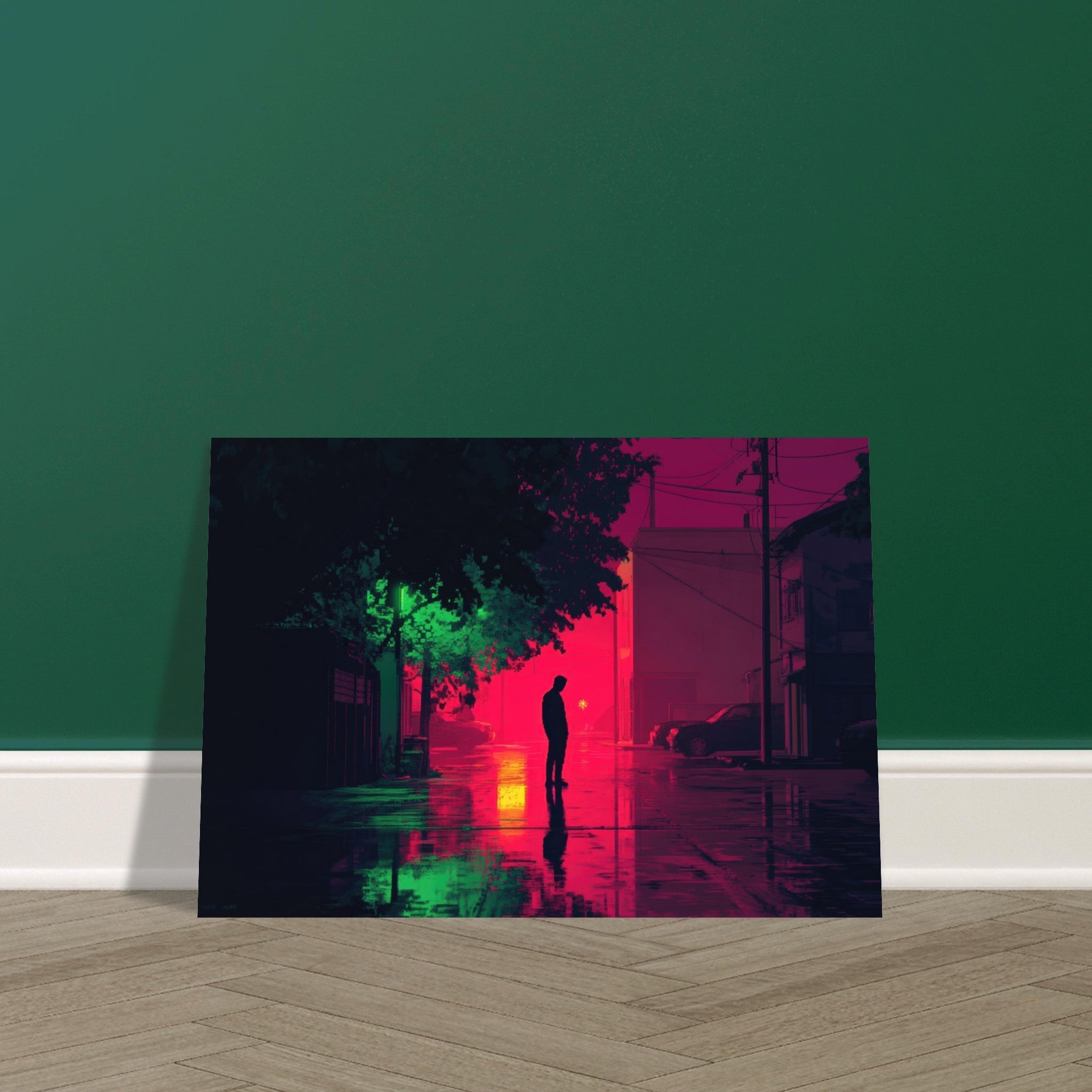 Aluminum Print Landscape - A city where neon lights create impossible rifle 4 - Ai Art Force