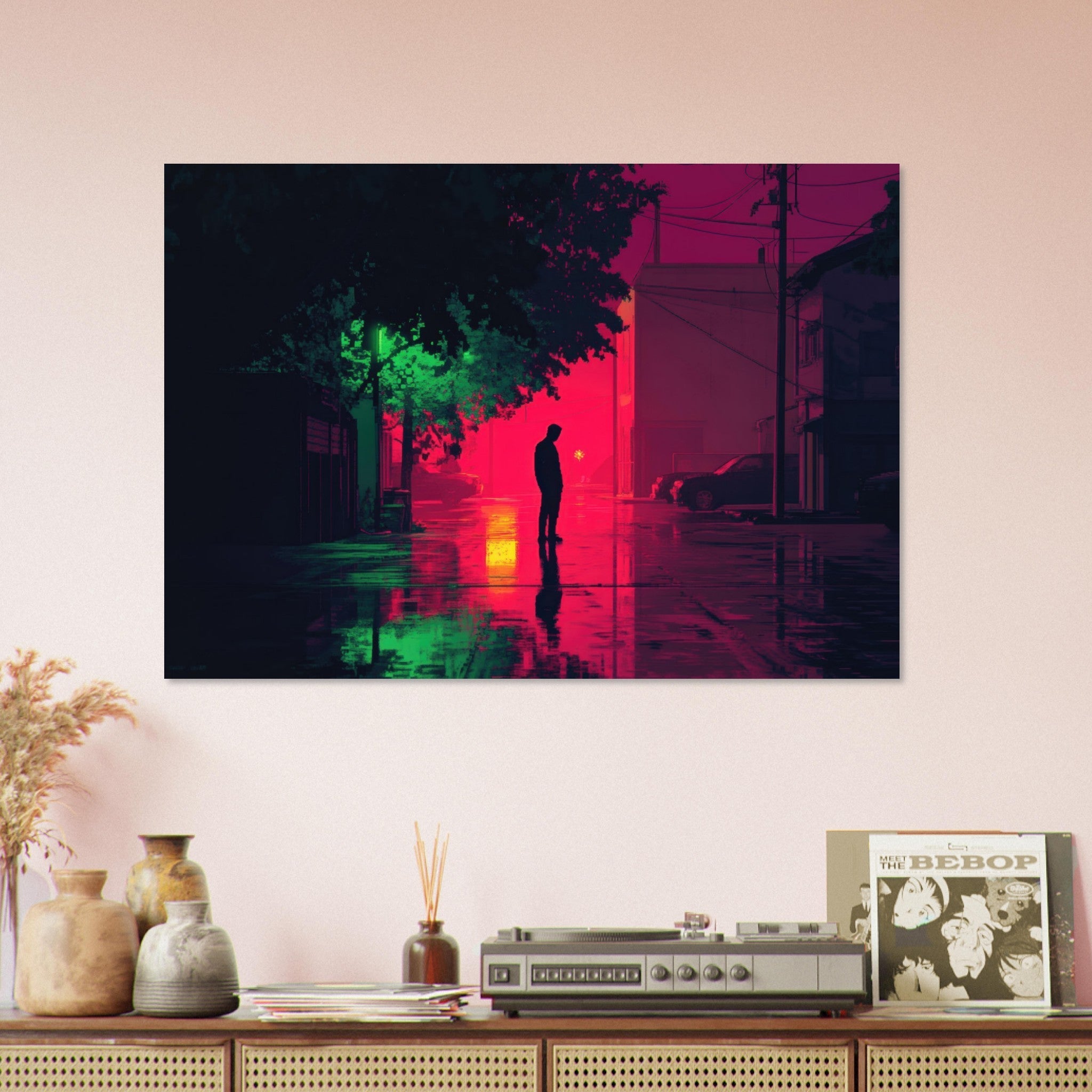 Aluminum Print Landscape - A city where neon lights create impossible rifle 4 - Ai Art Force