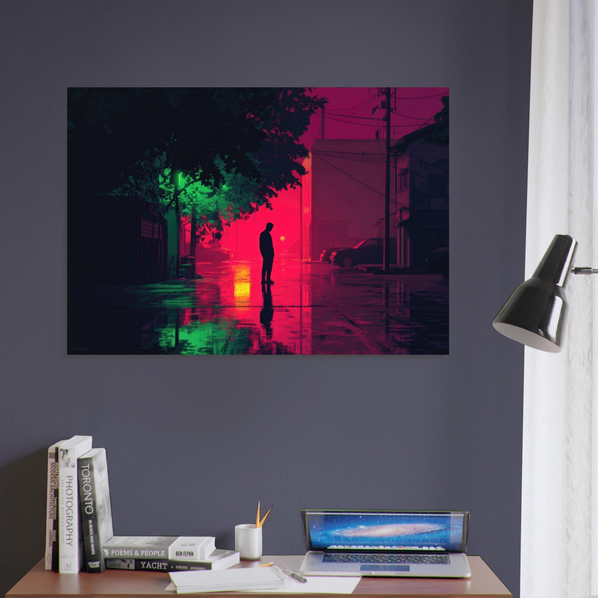 Aluminum Print Landscape - A city where neon lights create impossible rifle 4 - Ai Art Force
