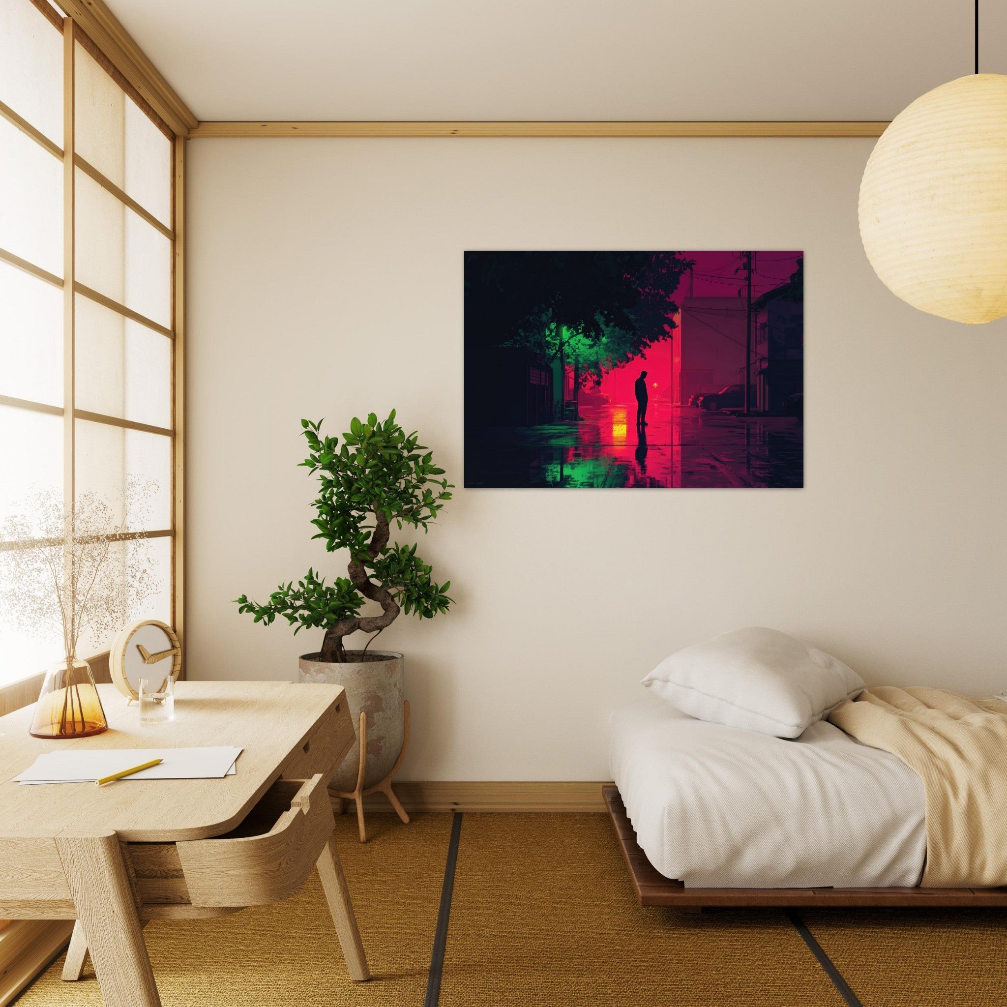 Aluminum Print Landscape - A city where neon lights create impossible rifle 4 - Ai Art Force