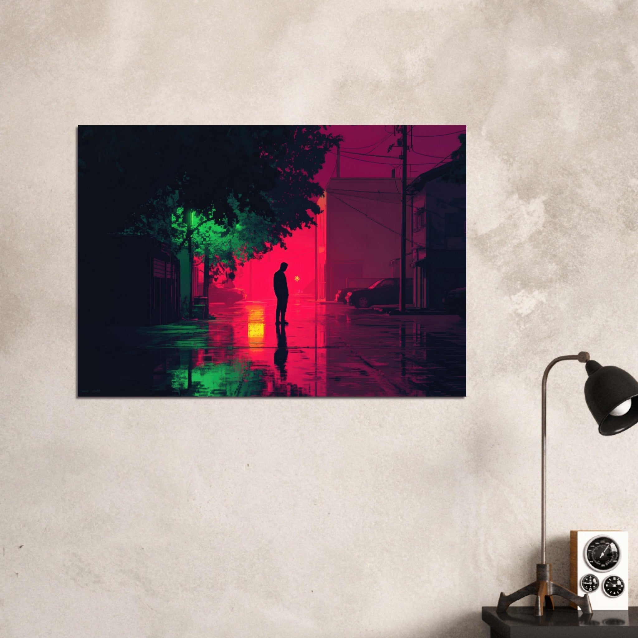 Aluminum Print Landscape - A city where neon lights create impossible rifle 4 - Ai Art Force