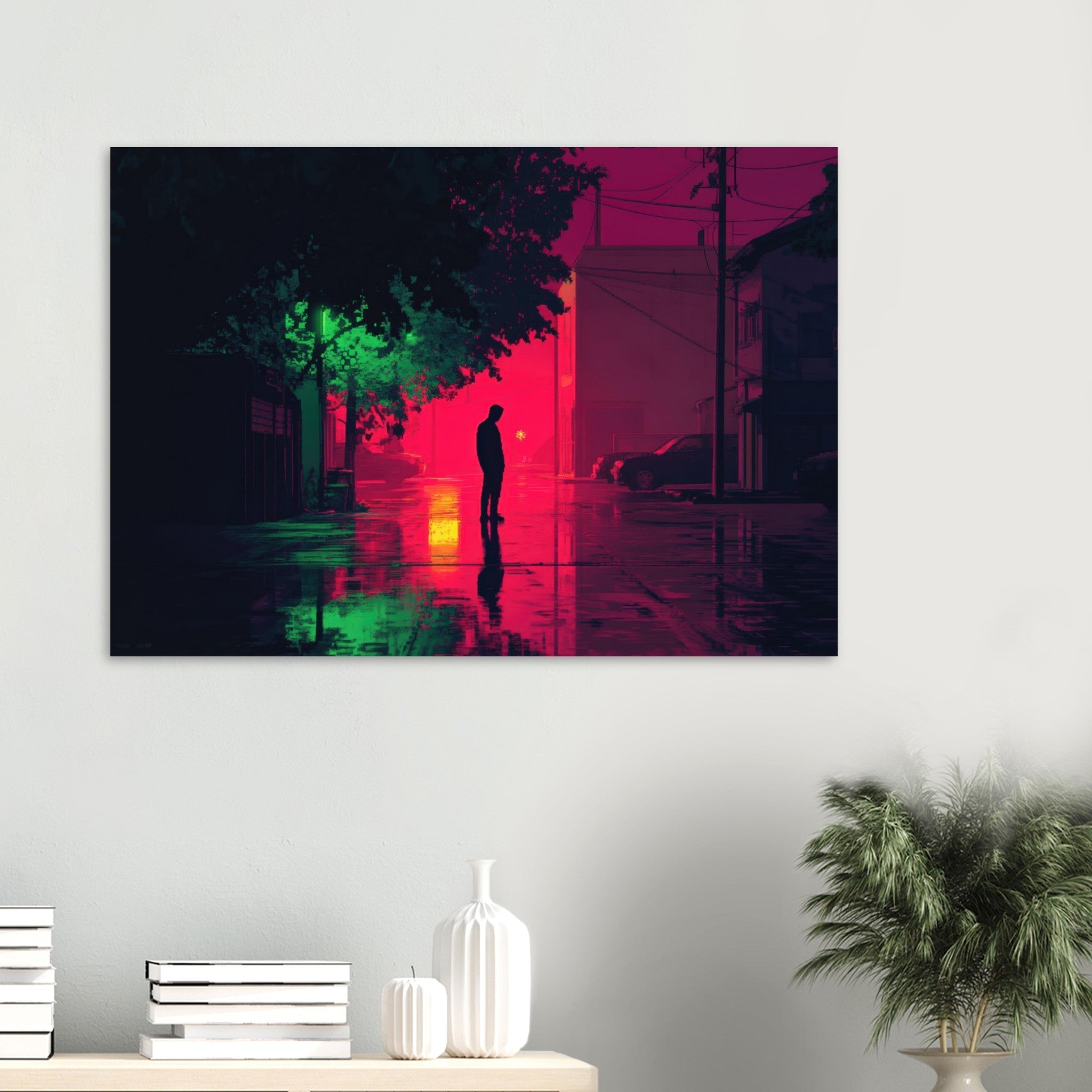 Aluminum Print Landscape - A city where neon lights create impossible rifle 4 - Ai Art Force