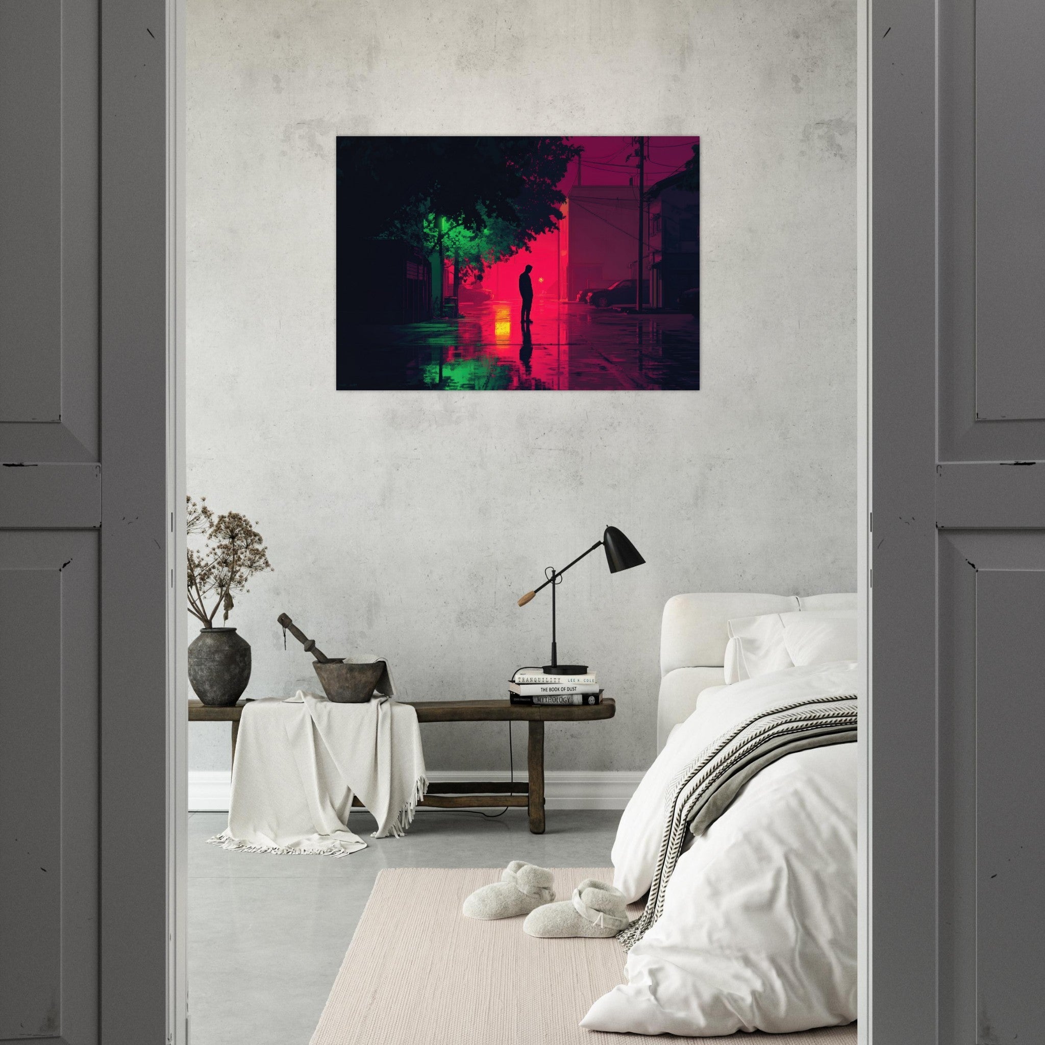 Aluminum Print Landscape - A city where neon lights create impossible rifle 4 - Ai Art Force