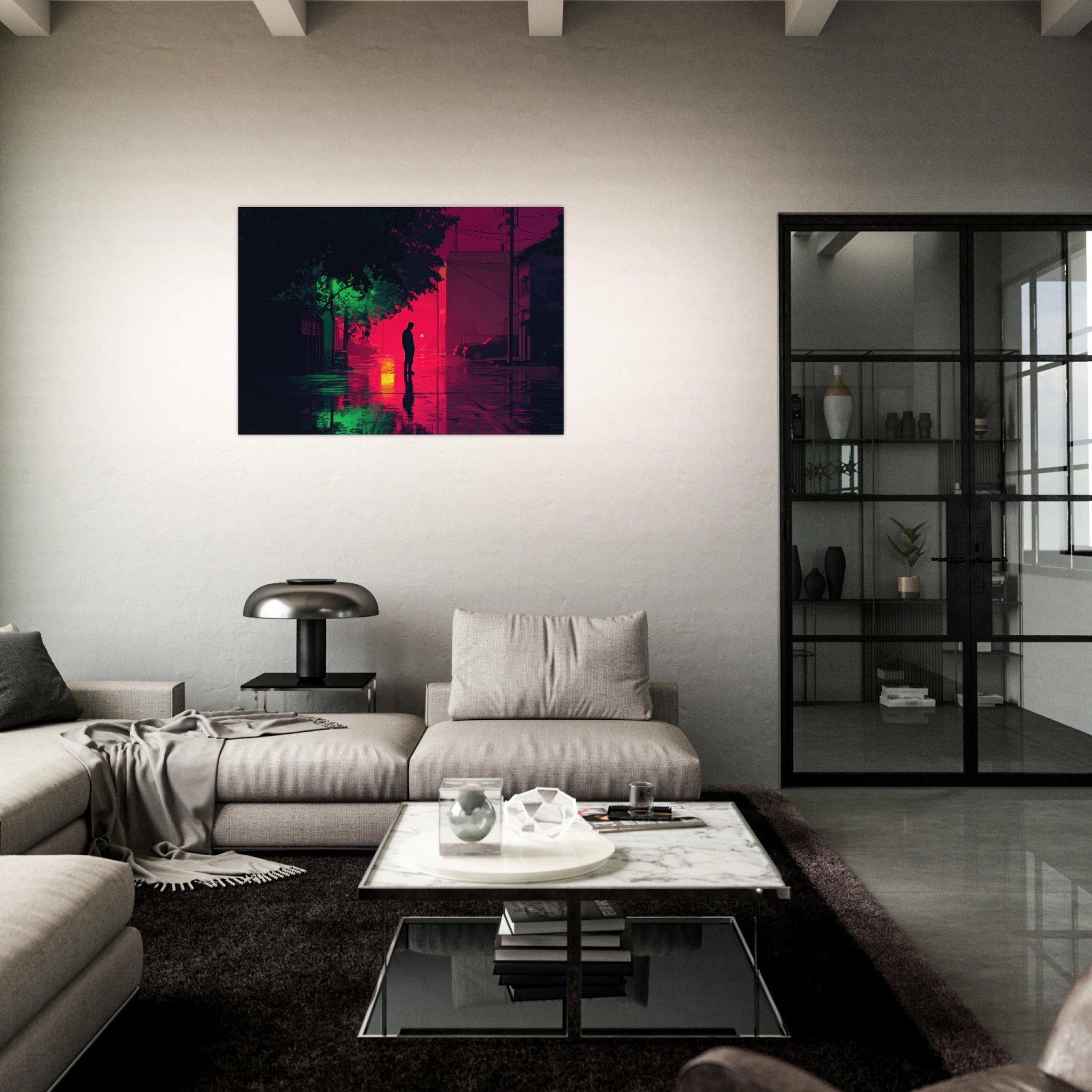 Aluminum Print Landscape - A city where neon lights create impossible rifle 4 - Ai Art Force