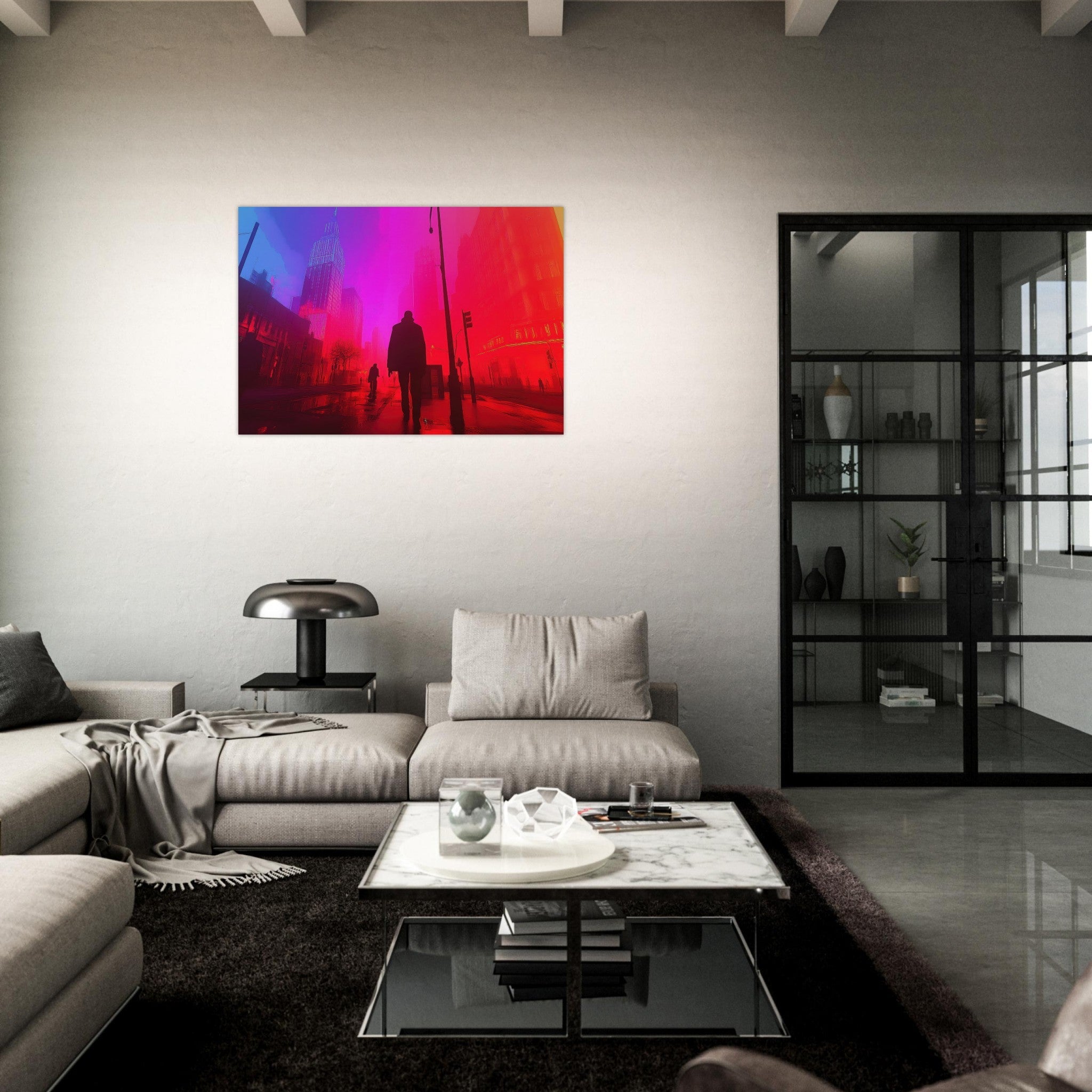 Aluminum Print Landscape - A city where neon lights create impossible rifle - Shop Ai Art WebShop - Digital Art online Store