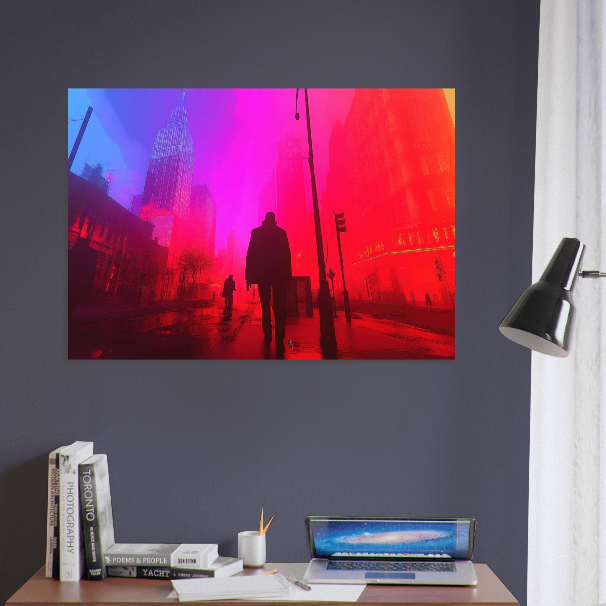 Aluminum Print Landscape - A city where neon lights create impossible rifle - Shop Ai Art WebShop - Digital Art online Store