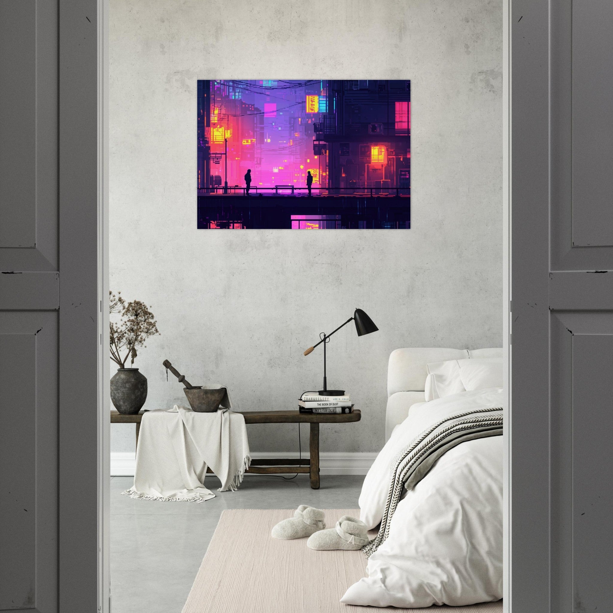Aluminum Print Landscape - A city where neon lights create impossible rifle 5 - Shop Ai Art WebShop - Digital Art online Store