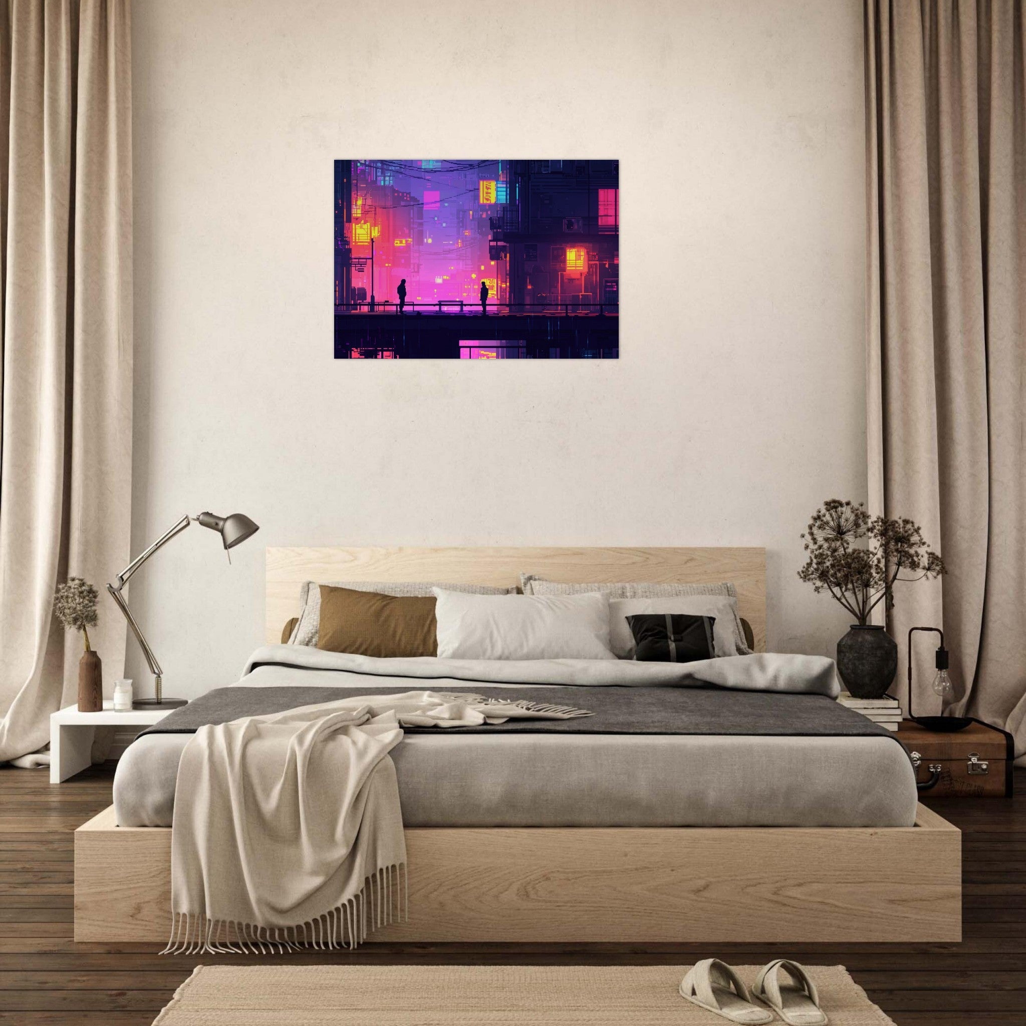 Aluminum Print Landscape - A city where neon lights create impossible rifle 5 - Shop Ai Art WebShop - Digital Art online Store