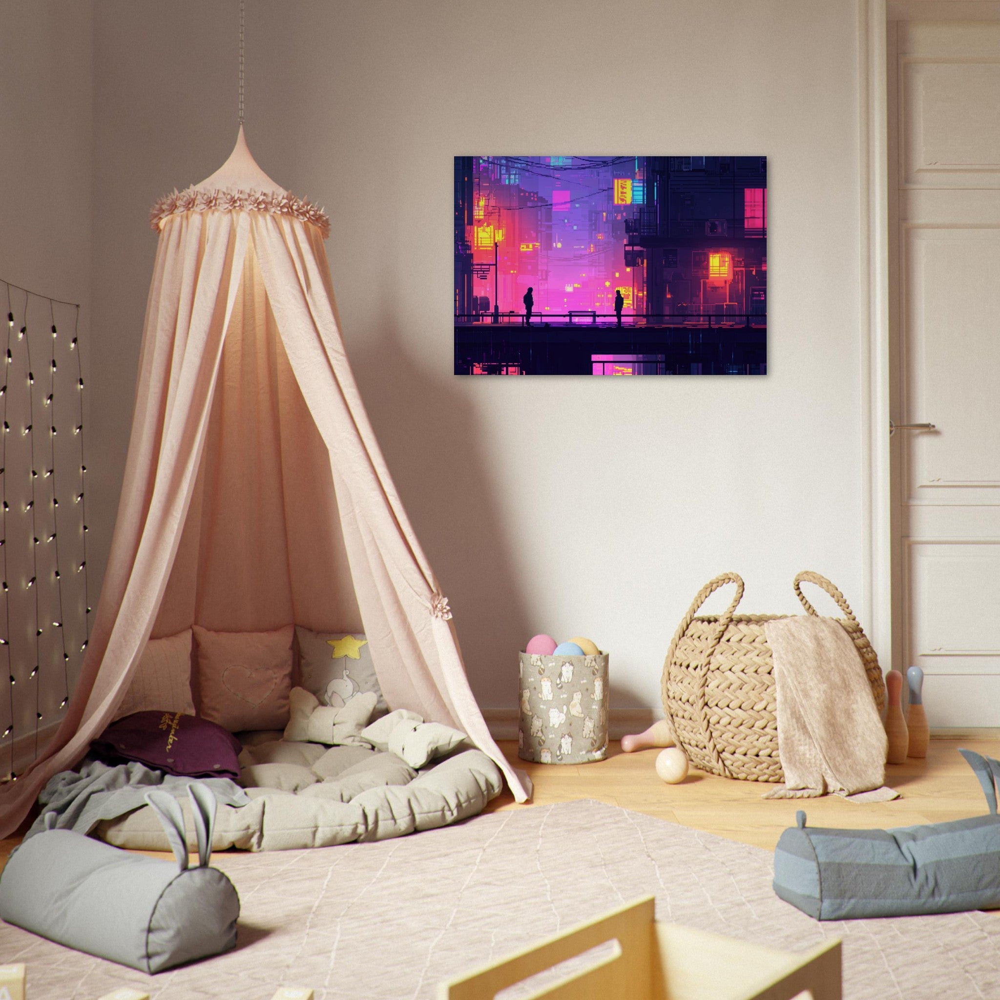 Aluminum Print Landscape - A city where neon lights create impossible rifle 5 - Shop Ai Art WebShop - Digital Art online Store