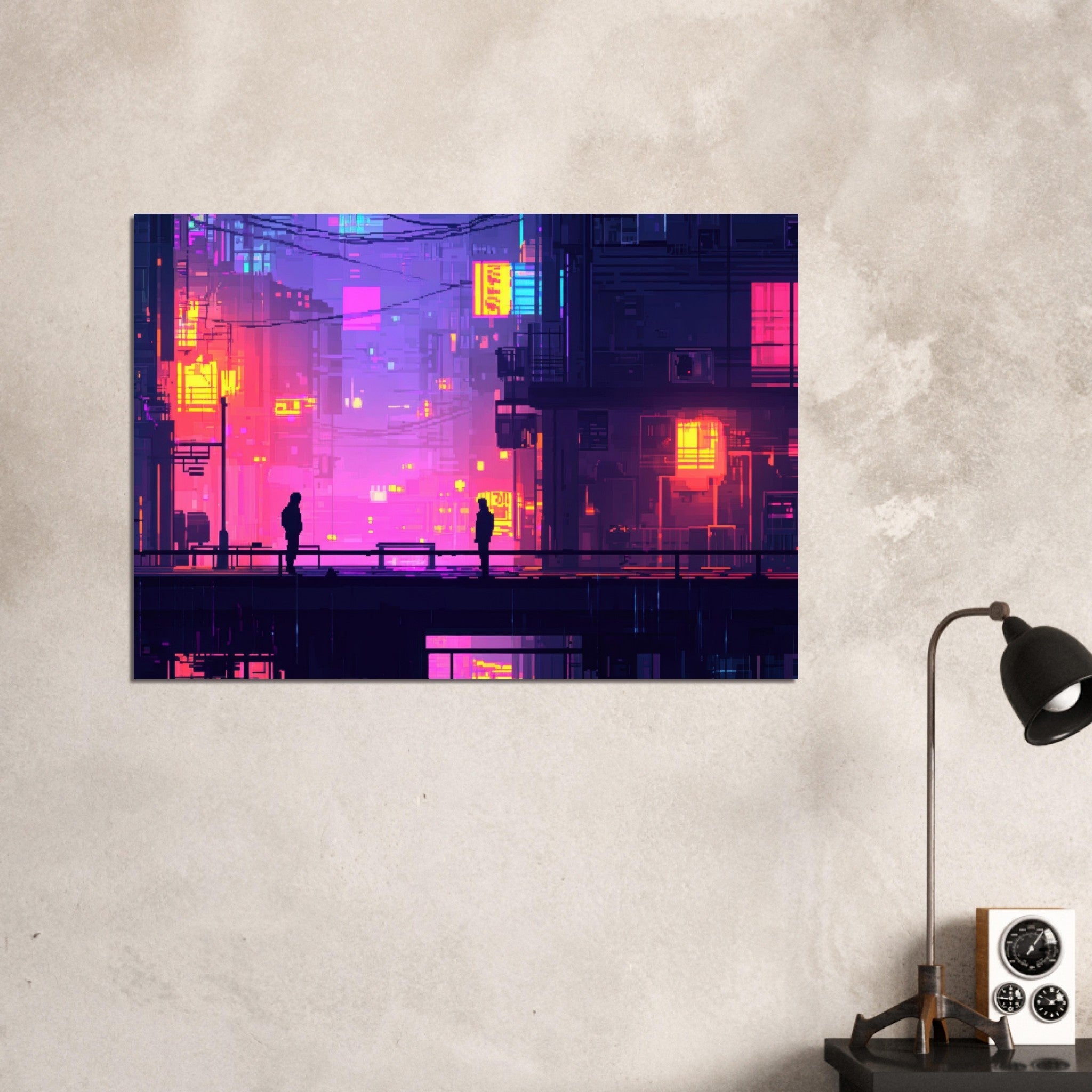 Aluminum Print Landscape - A city where neon lights create impossible rifle 5 - Shop Ai Art WebShop - Digital Art online Store