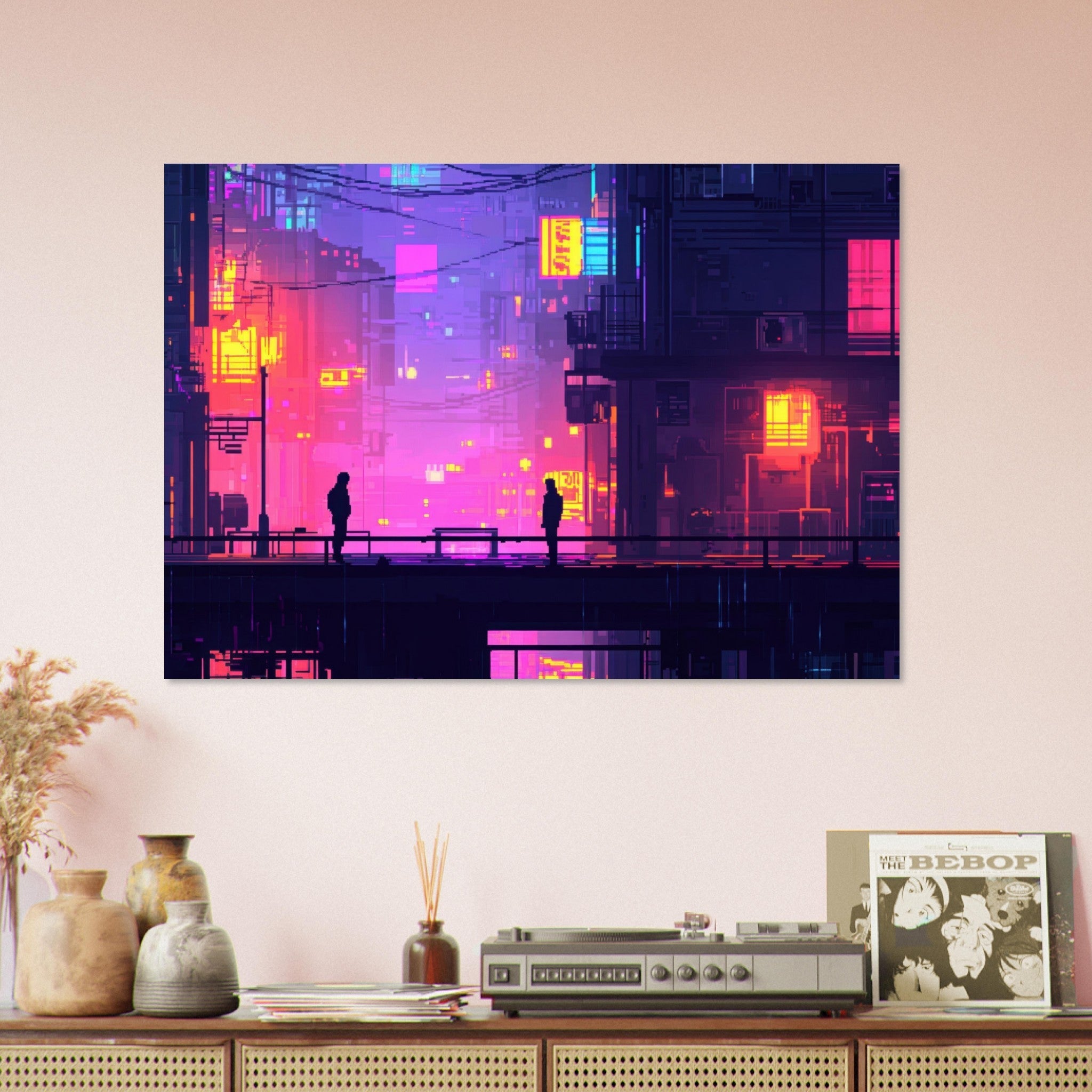 Aluminum Print Landscape - A city where neon lights create impossible rifle 5 - Shop Ai Art WebShop - Digital Art online Store