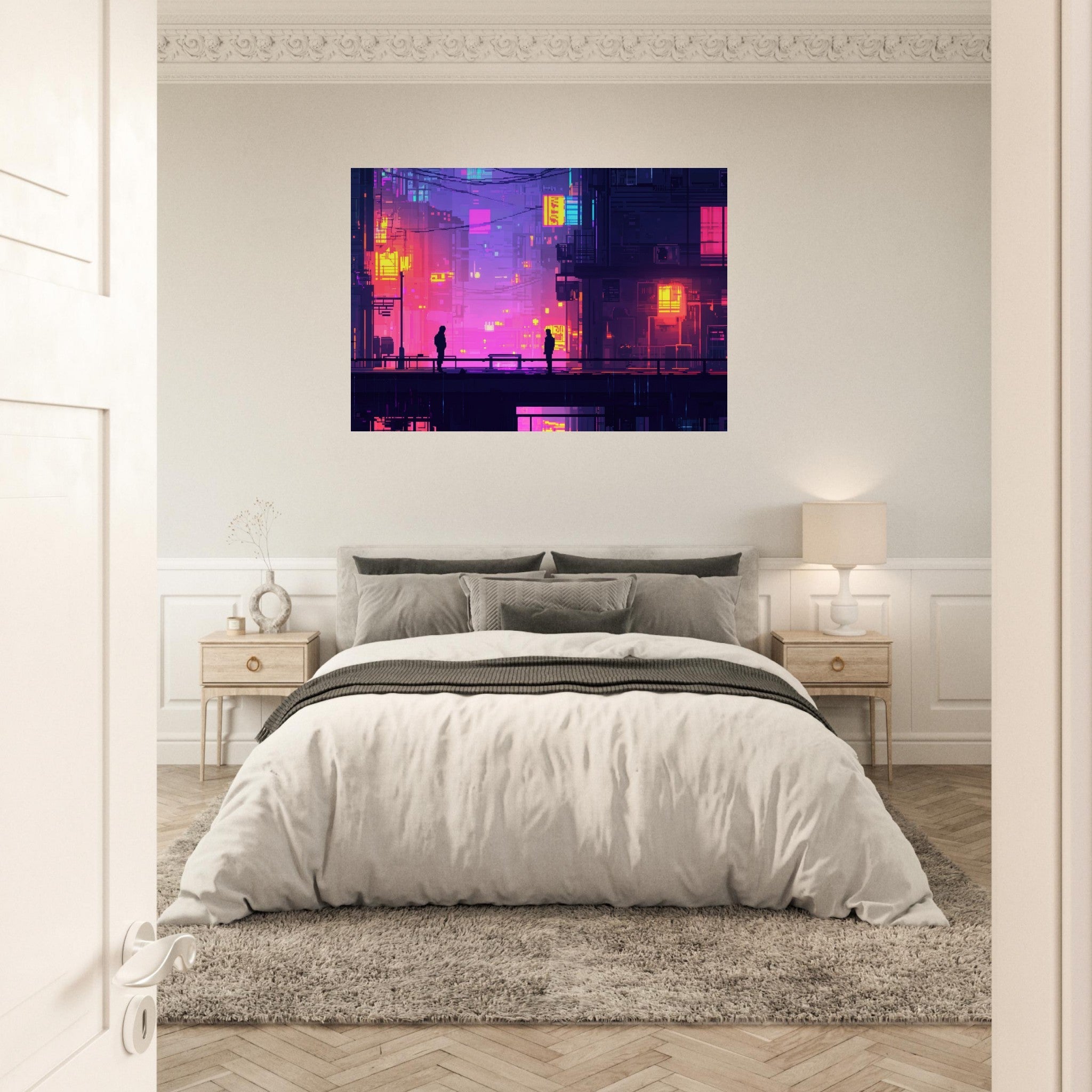 Aluminum Print Landscape - A city where neon lights create impossible rifle 5 - Shop Ai Art WebShop - Digital Art online Store