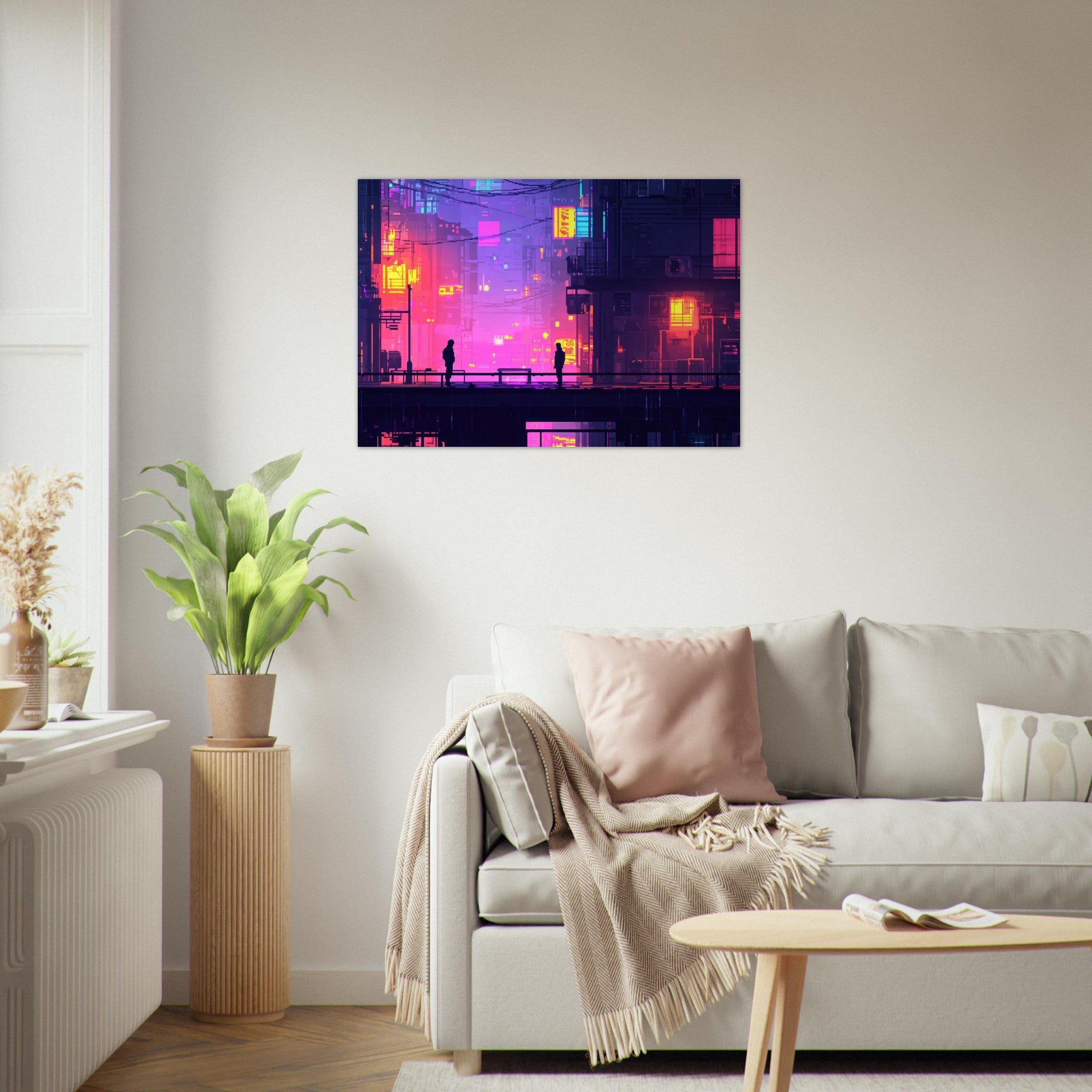 Aluminum Print Landscape - A city where neon lights create impossible rifle 5 - Shop Ai Art WebShop - Digital Art online Store